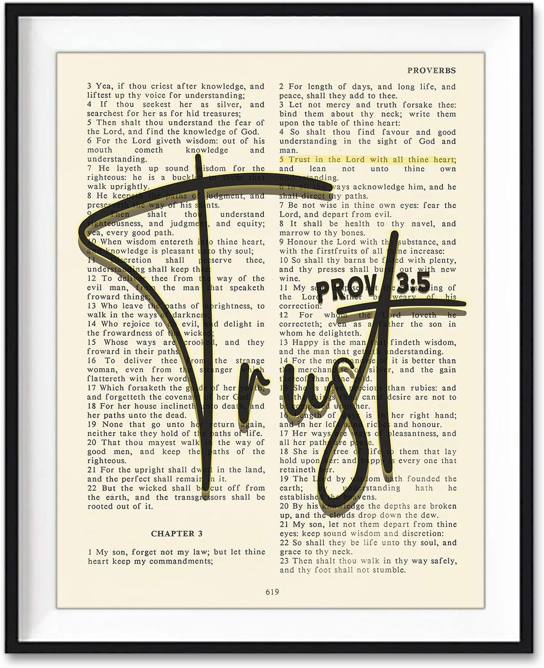 Hebrews 11:1, Proverbs 3:5, Ephesians 2:8, Matthew 11:28 Art Prints, Set of 4, Unframed, Faith, Trust, Grace, Rest, Vintage Bible Page Verse Set Wall Decor Posters, 8x10