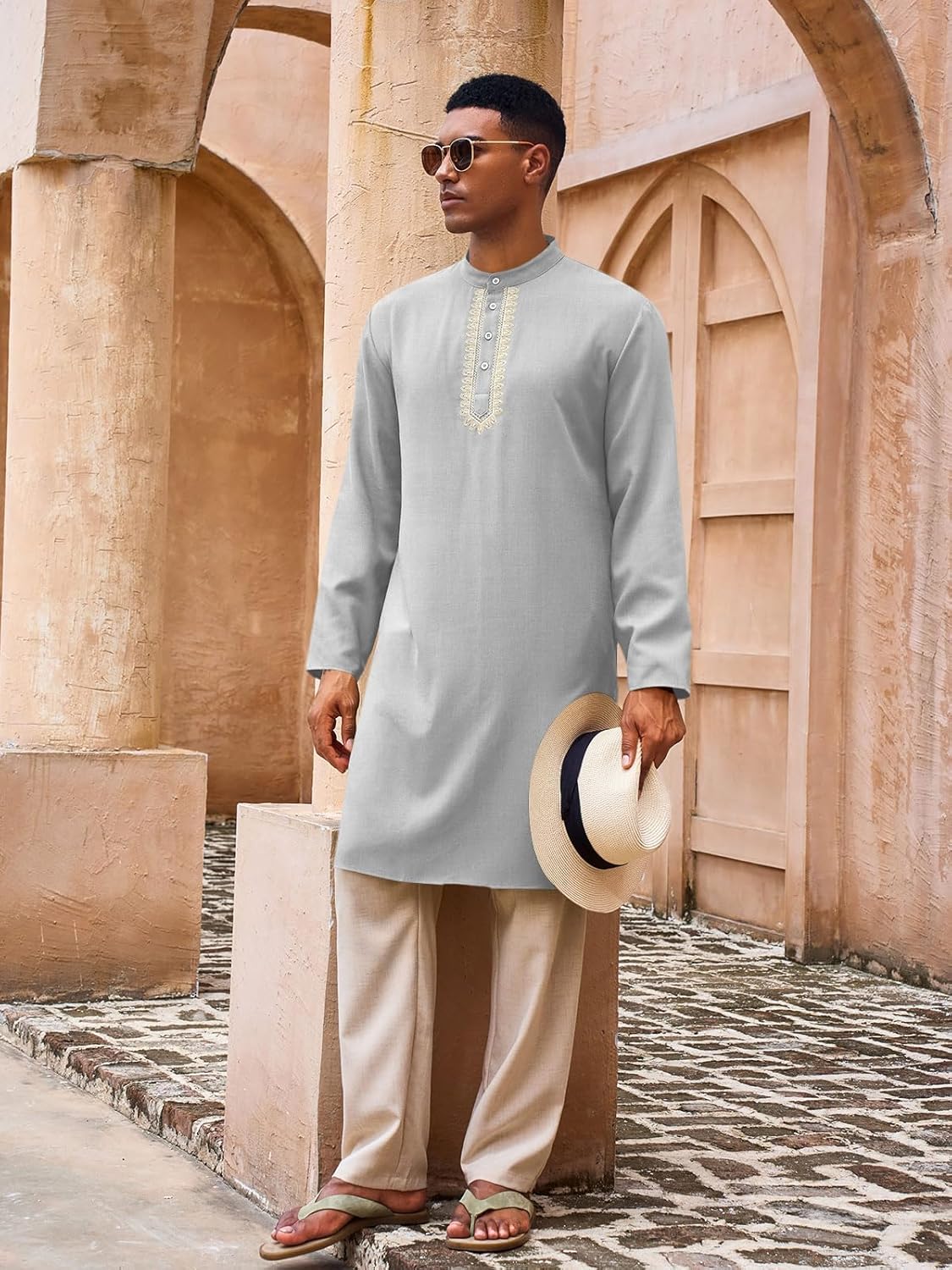 yousify mens kaftan thobe casual henley shirts button up long sleeve robe muslim gown shirt dark grey large