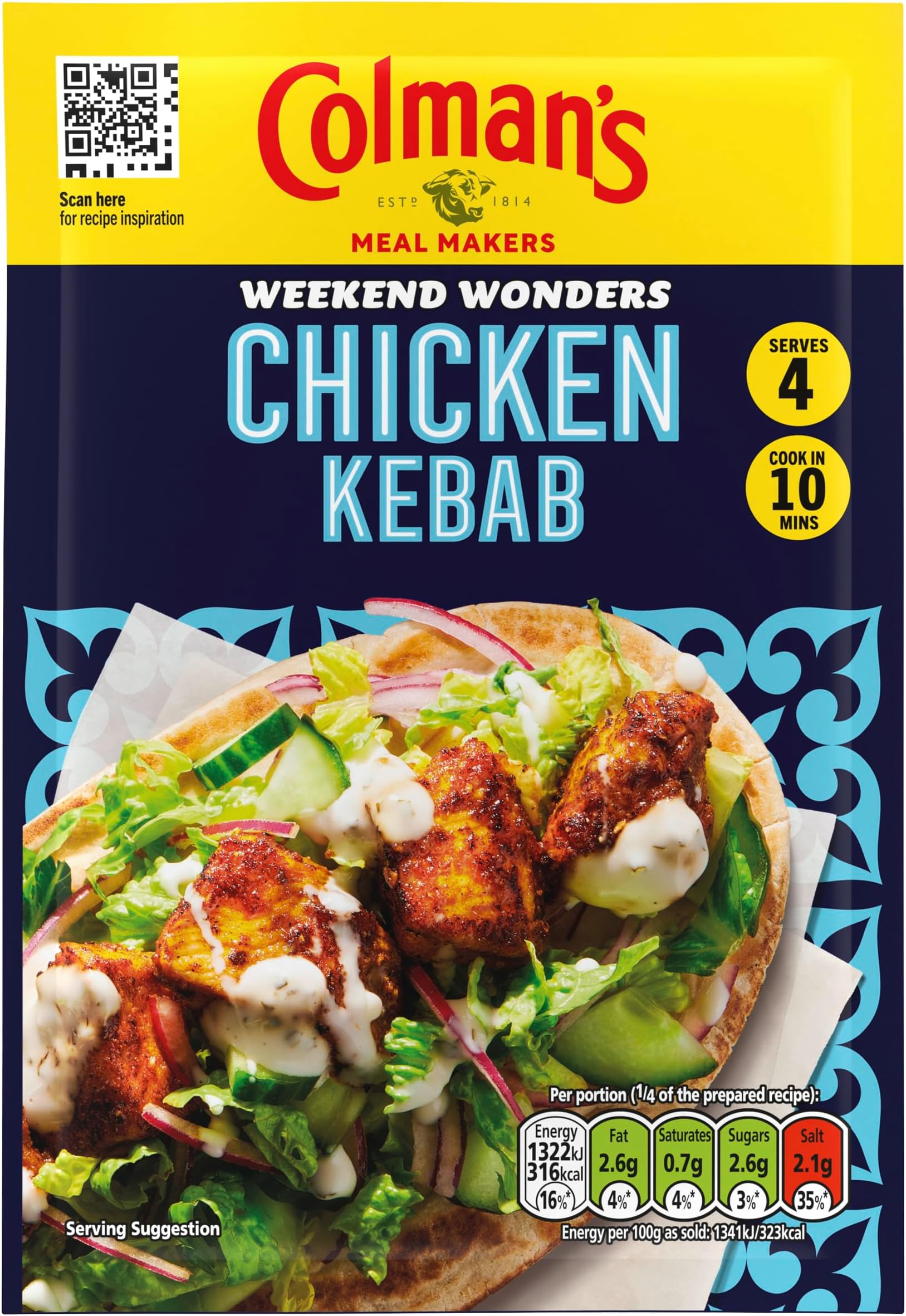 Colman's Weekend Wonders Chicken Kebab Meal Maker recipe mix spice mix for a takeaway-style family meal perfect with pitta bread 30 g