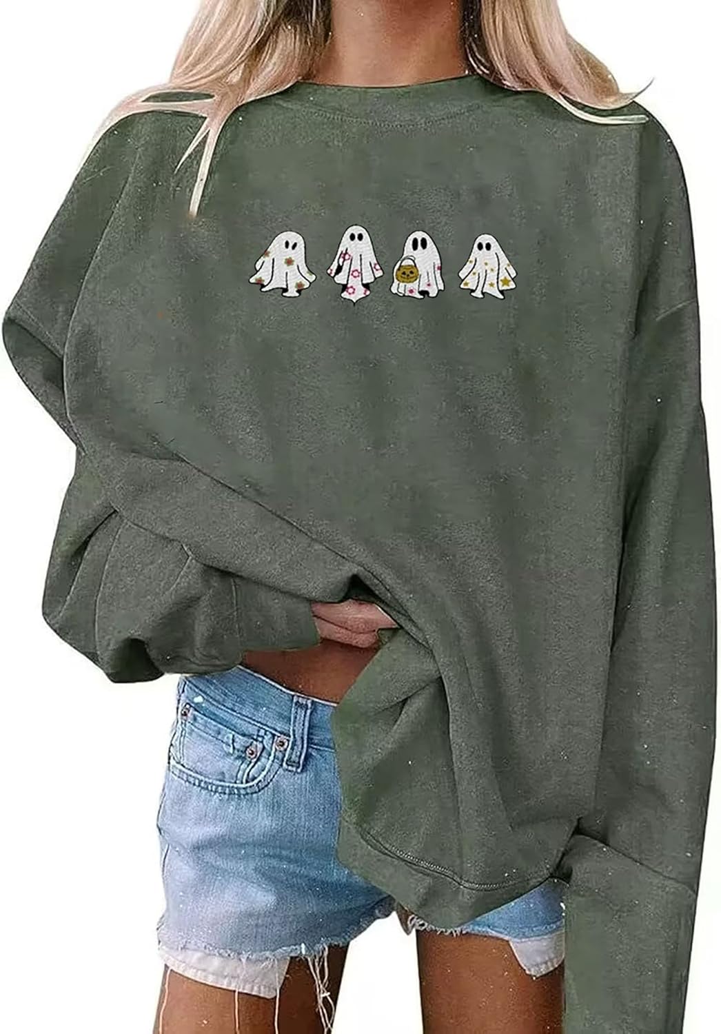 Fiscrat Halloween Spooky Season Oversized Sweatshirt Women Cute Ghost Sweatshirts Fall Embroidered Sweater Pullover Top