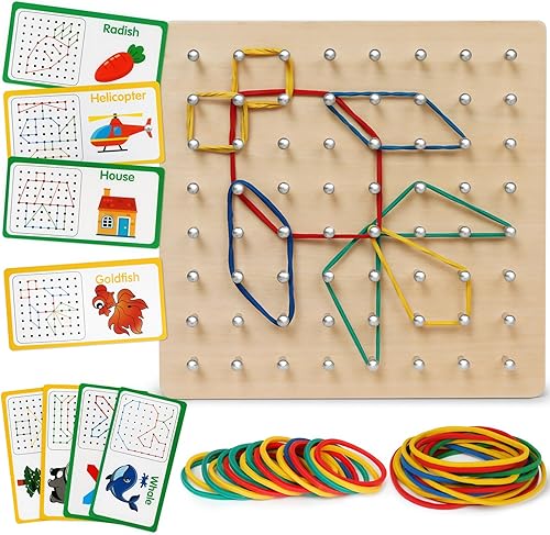 Skrtuan Tablero geométrico de madera para niños - Juguete educativo Montessori STEM con tarjetas de patrones y bandas de goma, rompecabezas de