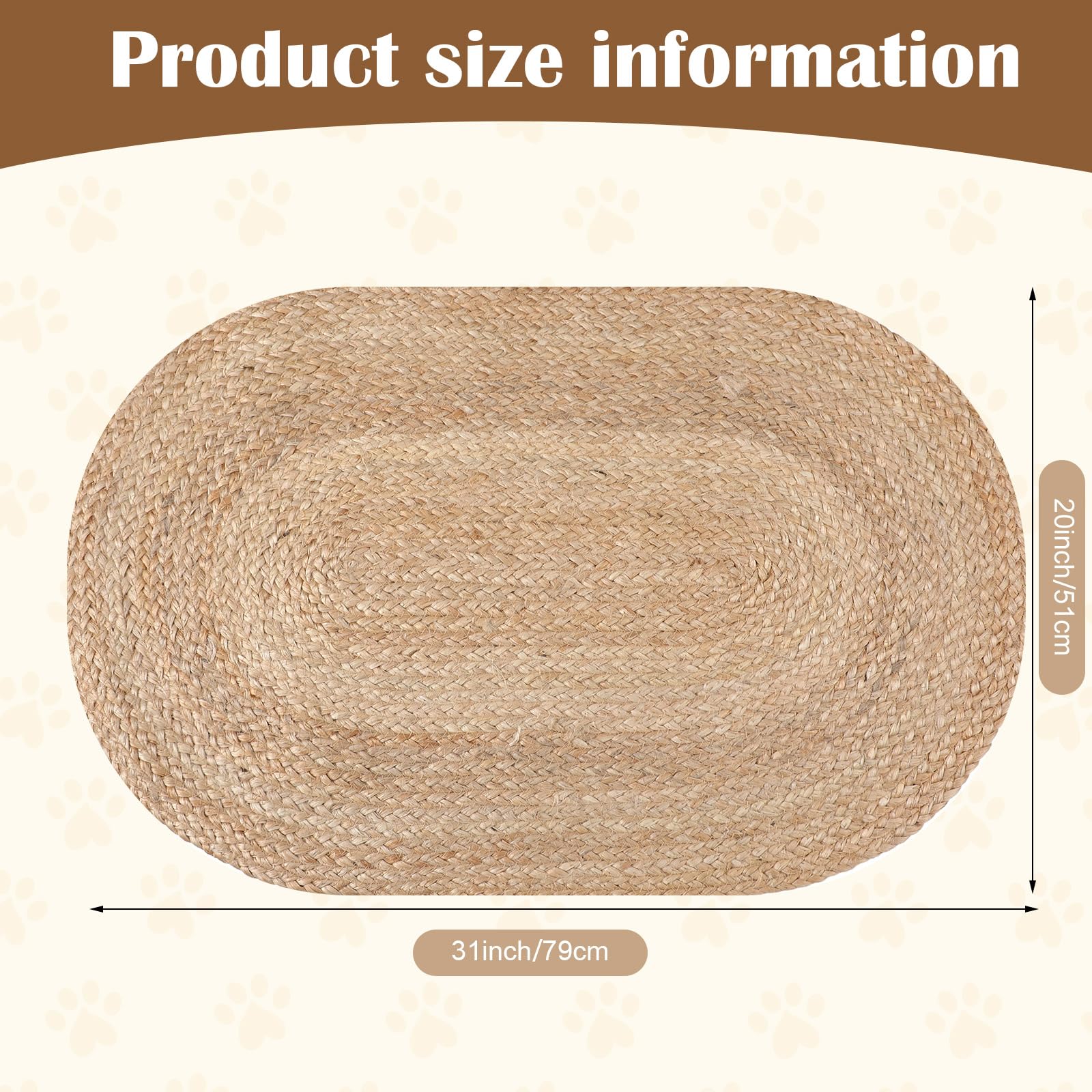 Tinideya Geflochtene Jute-Hundenapf-Matte, 78,9 x 50,8 cm, rustikale Matte, natürliche Katzen-Platzsets für Futter und Wasser, ovaler Teppich, ungiftige Futtermatten für Futternapf oder