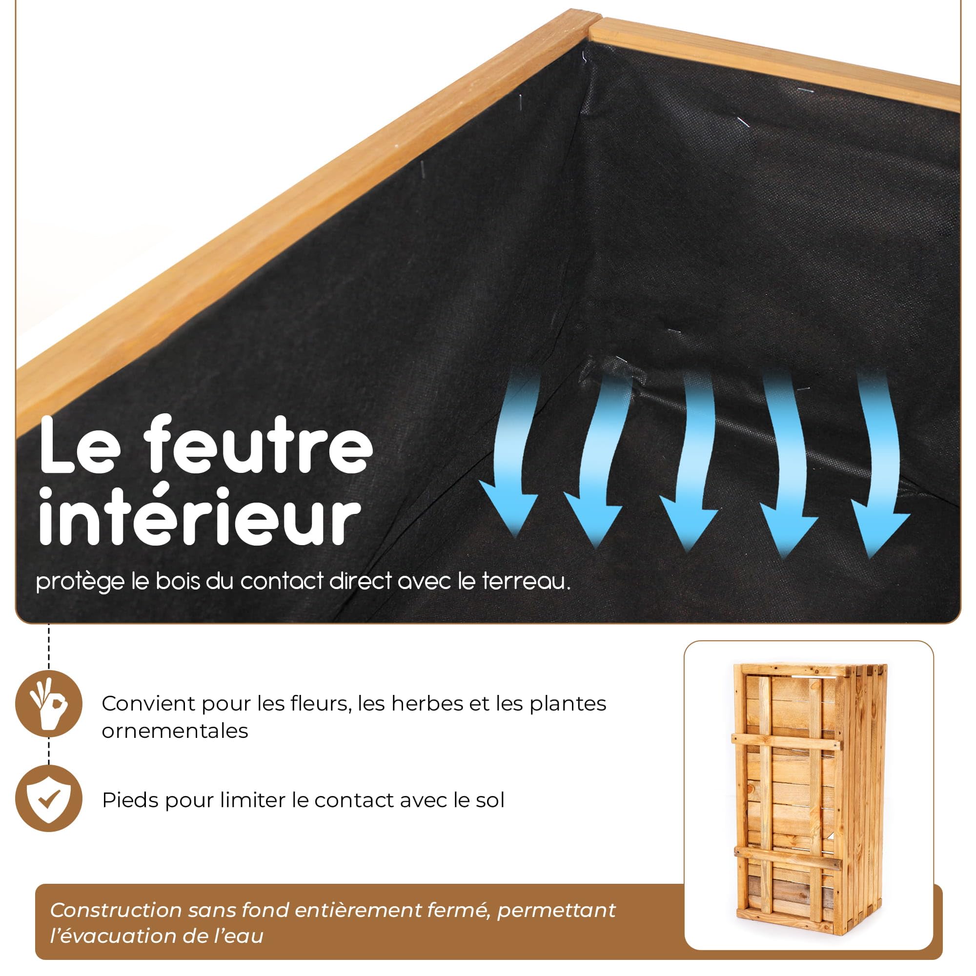 BooGardi Bac à Fleurs rectangulaire Grand Format intérieur/extérieur avec Feutre géotextile, 10 Tailles, Longueur 120 cm, Brun Naturel, jardinière en Bois pour Jardin, Balcon, terrasse, XXL