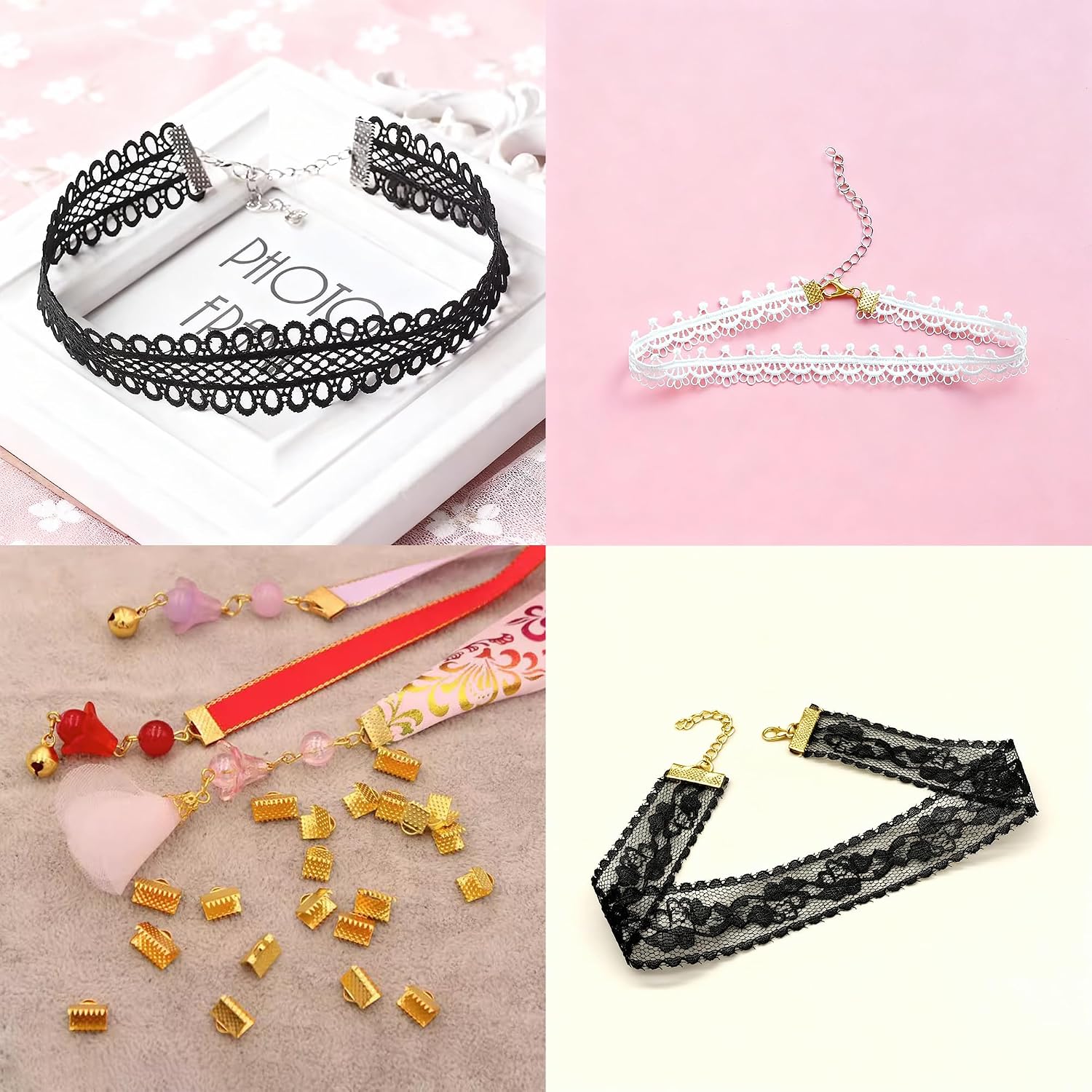 300Pcs Ribbon Crimp Clamp Ends, 8mm Pinch Crimp Ends Bracelet Bookmark Cord Ends Clasp for DIY Leather Necklace Jewelry Making Gold