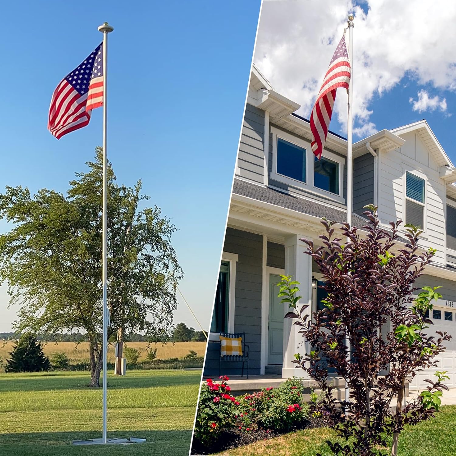 20FT Heavy Duty Flag Pole,14-Gauge Aluminum,Resist Strong Wind,Sectional Silver Residential Flagpole Complete Kit - USA Flag,Gold Ball, Aluminum Clips (Silver)