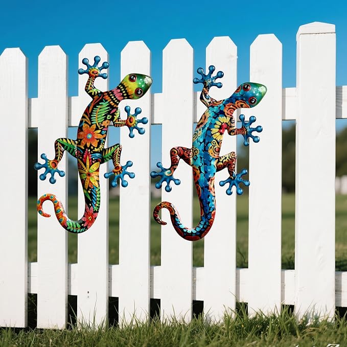 Arte de pared de gecko metálico decorativo para exterior, set de 2 miniatura 5