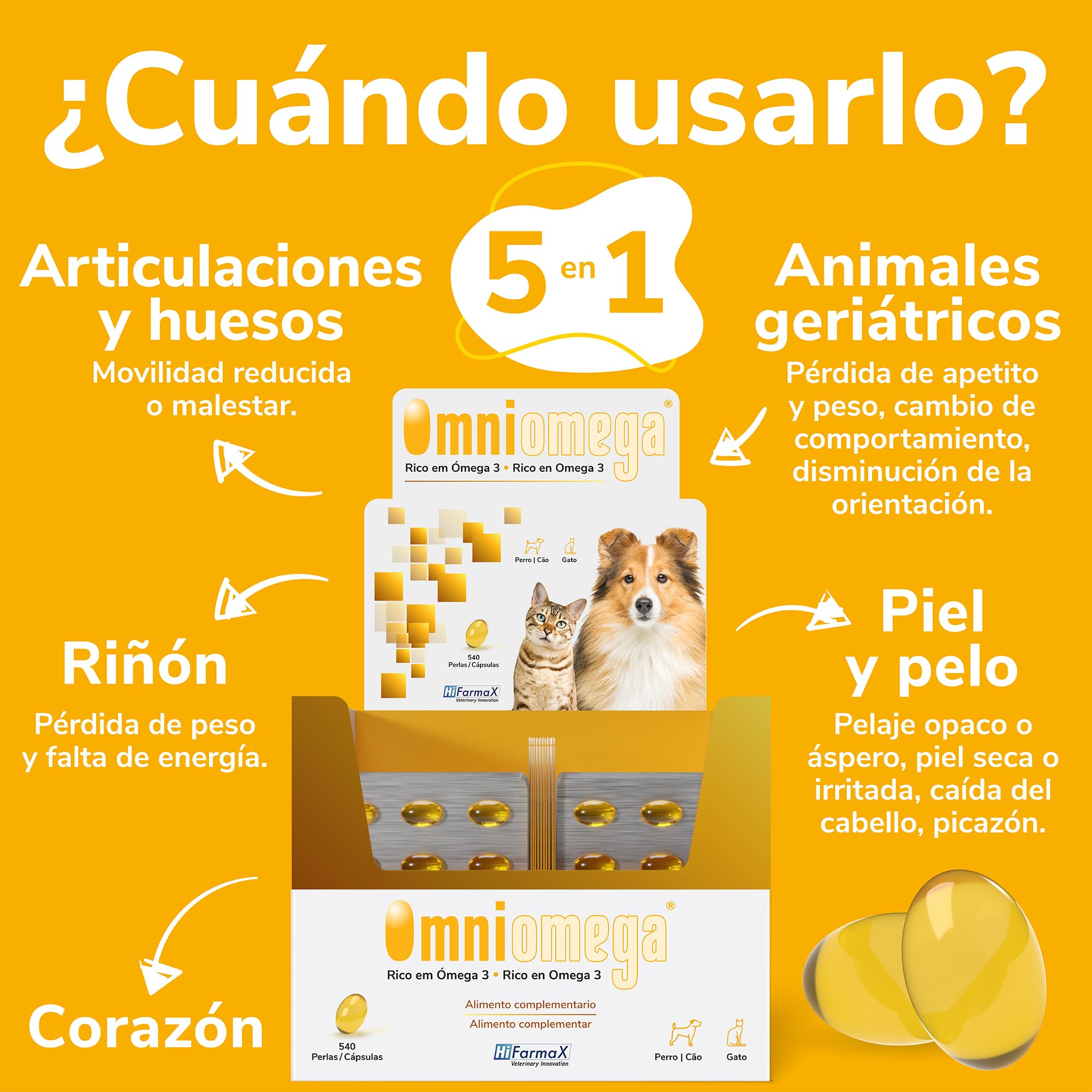 Omniomega Hifarmax - Vitaminas para Perros y Gatos, Suplemento Omega 3 con Vitamina E | Suplementos Alimenticios para Perro y Gato | Omega 3 Perros | Complementos Alimenticios | 540 Pastillas