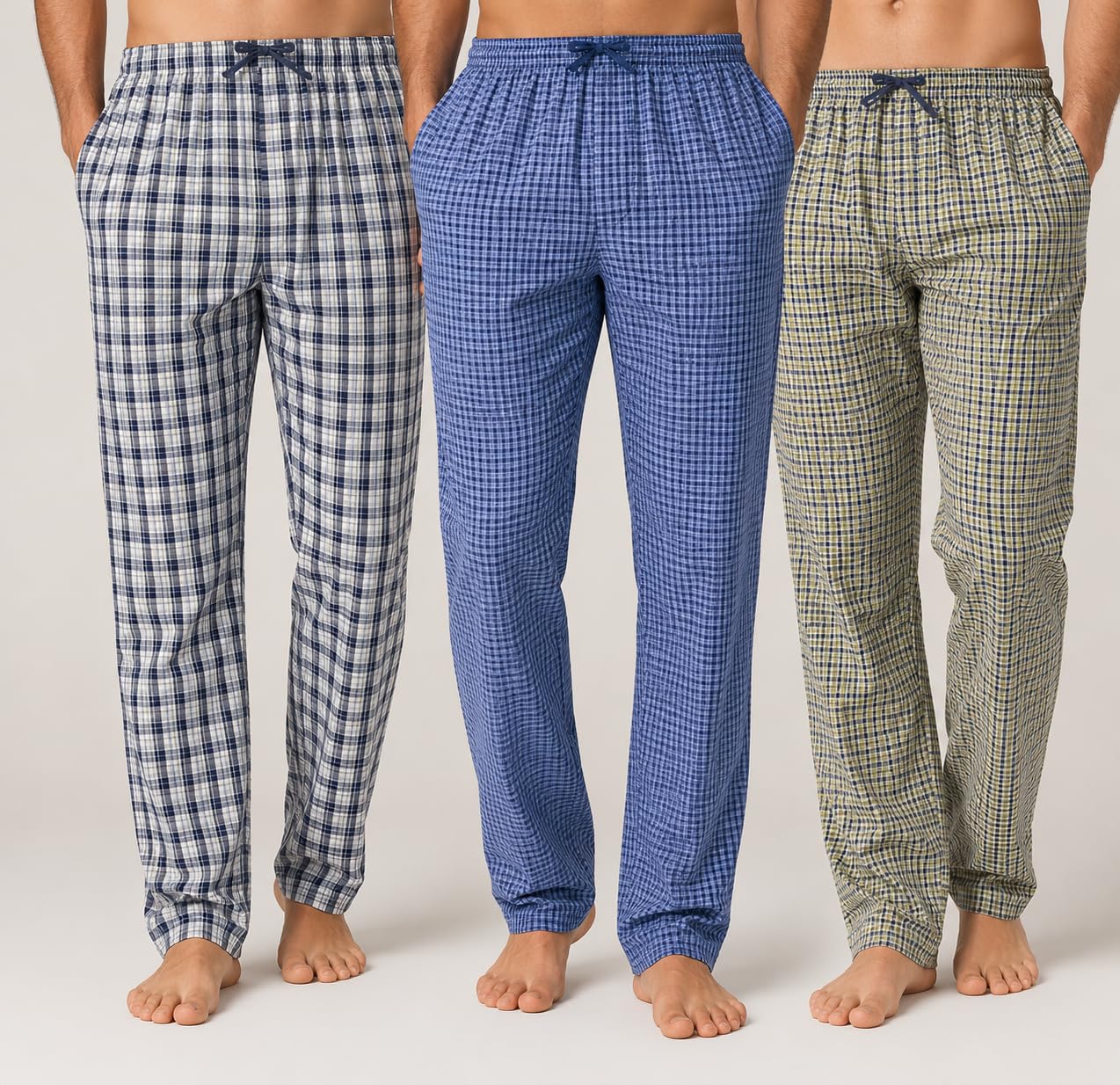 digital shopee Men's Cotton Checkered Pajama Bottoms, Multicolor Plaid Lounge Pants, Pack of 3-picture-24