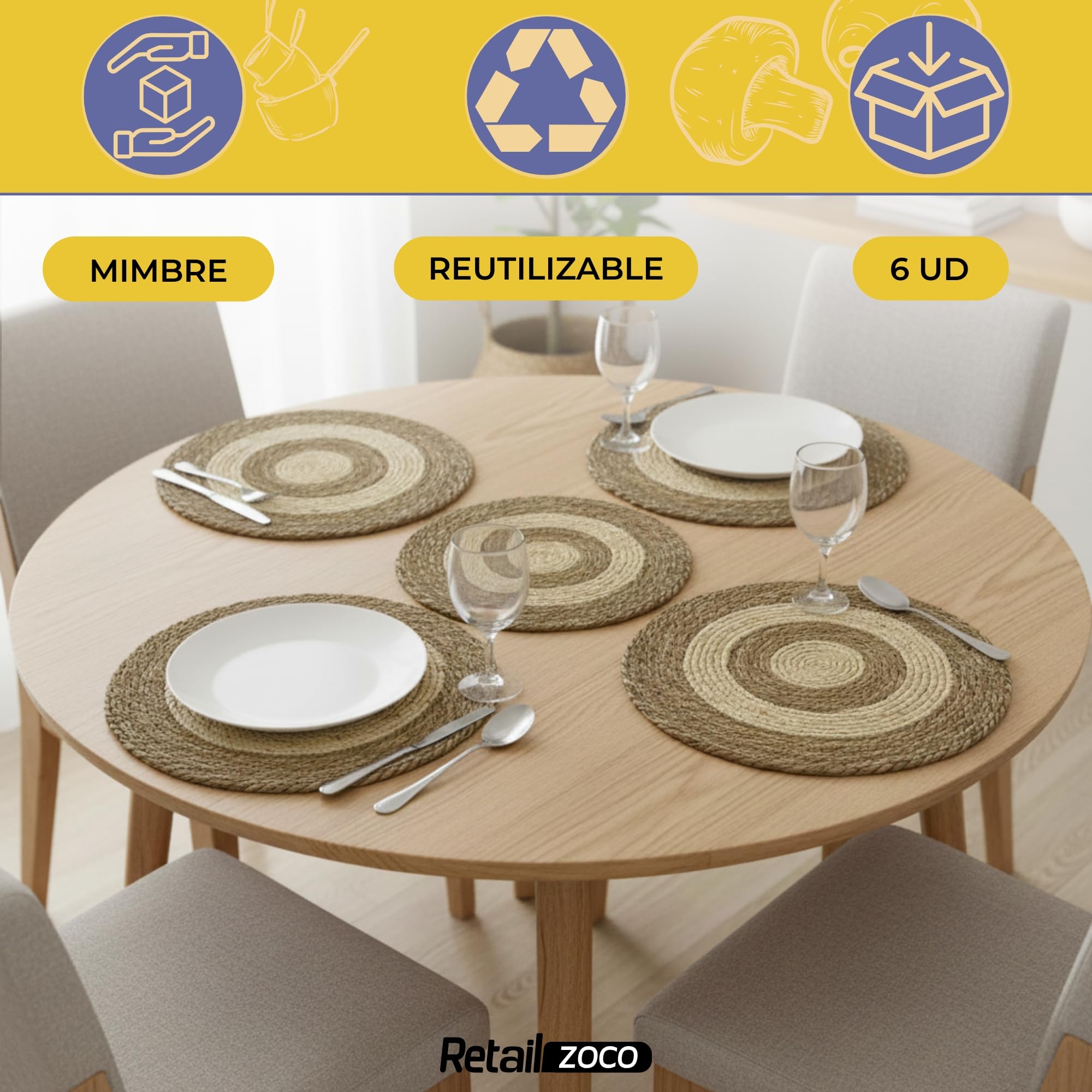 Salvamantel Mimbre Redondo circulos, Mantel Individual, Bajoplatos Redondos, Bajoplatos Mimbre, Apto para el hogar y restaurantes, Resistente al Calor, Diámetro de 45 cm, Pack de 12 Salvamanteles