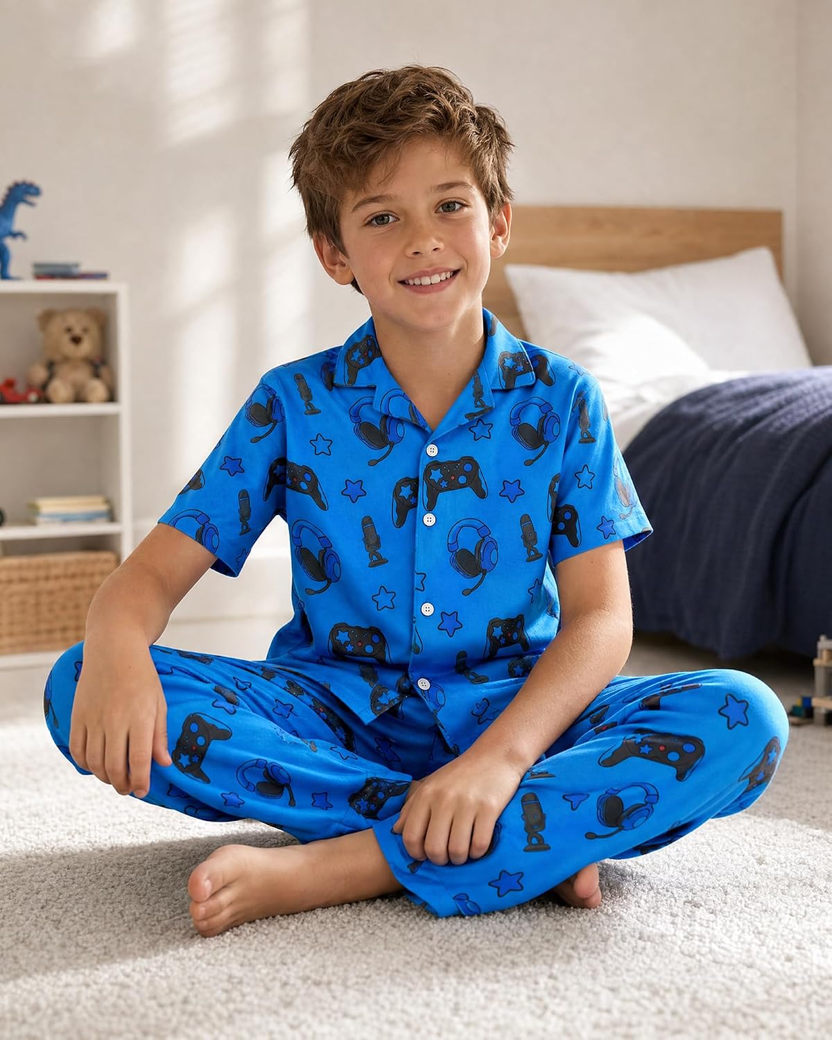 Boys Pajamas 2 Piece Set Big Boys Pjs Button Down Short Sleeve and Pants Kids Sleepwear Loungewear Size 8-14