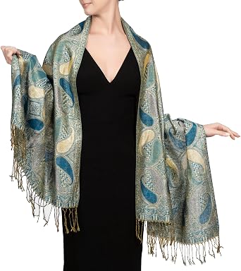 Achillea Womens Paisley Pattern Sparkling Metallic Pashmina Shawl Wrap Scarf Stole