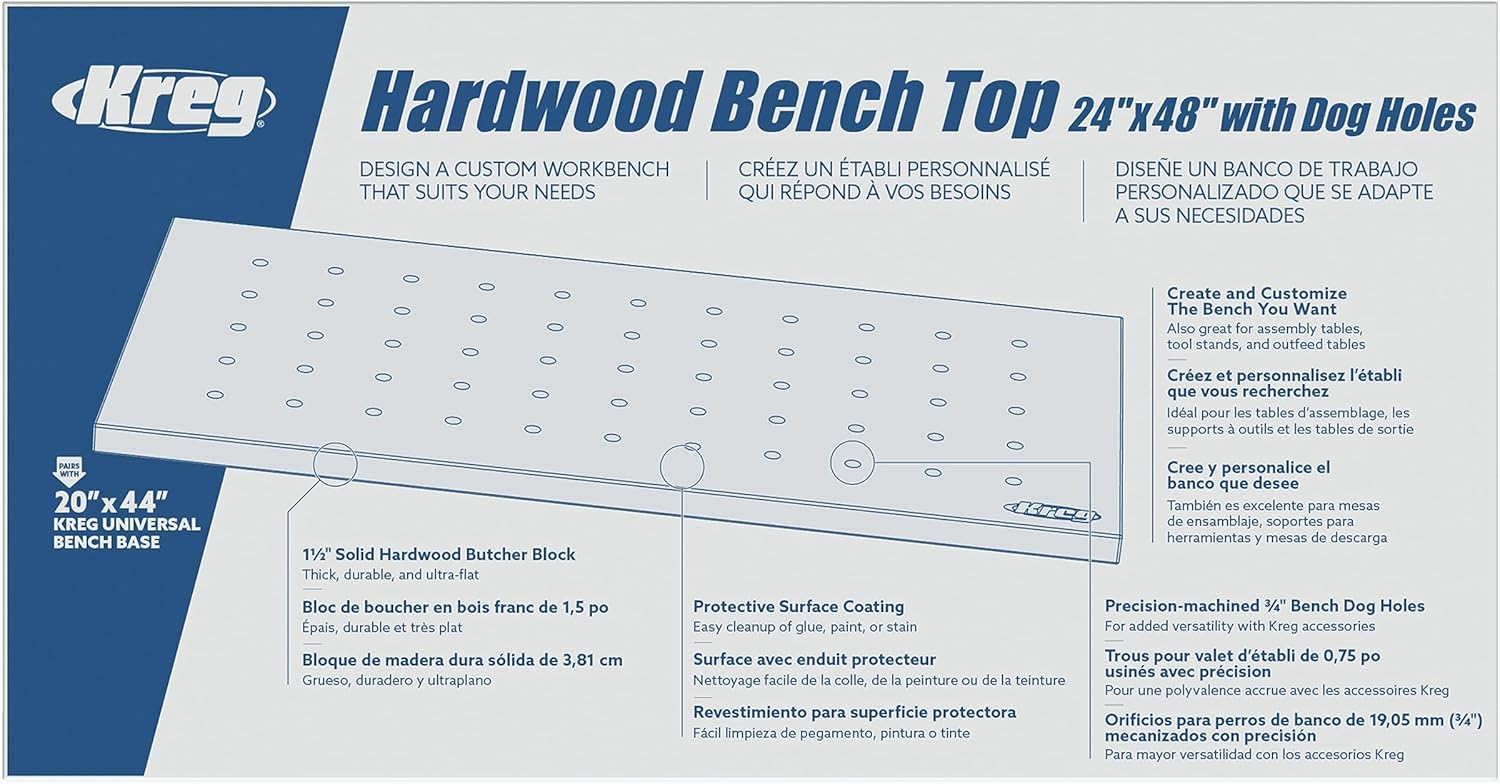 Kreg Hardwood Bench Top - Solid Hardwood Butcher Block - Woodworking Bench Top - Precision Machined Bench - Dog Holes for Easy Clamping - 24" x 48" with Dog Holes - HWBT-4824-DH