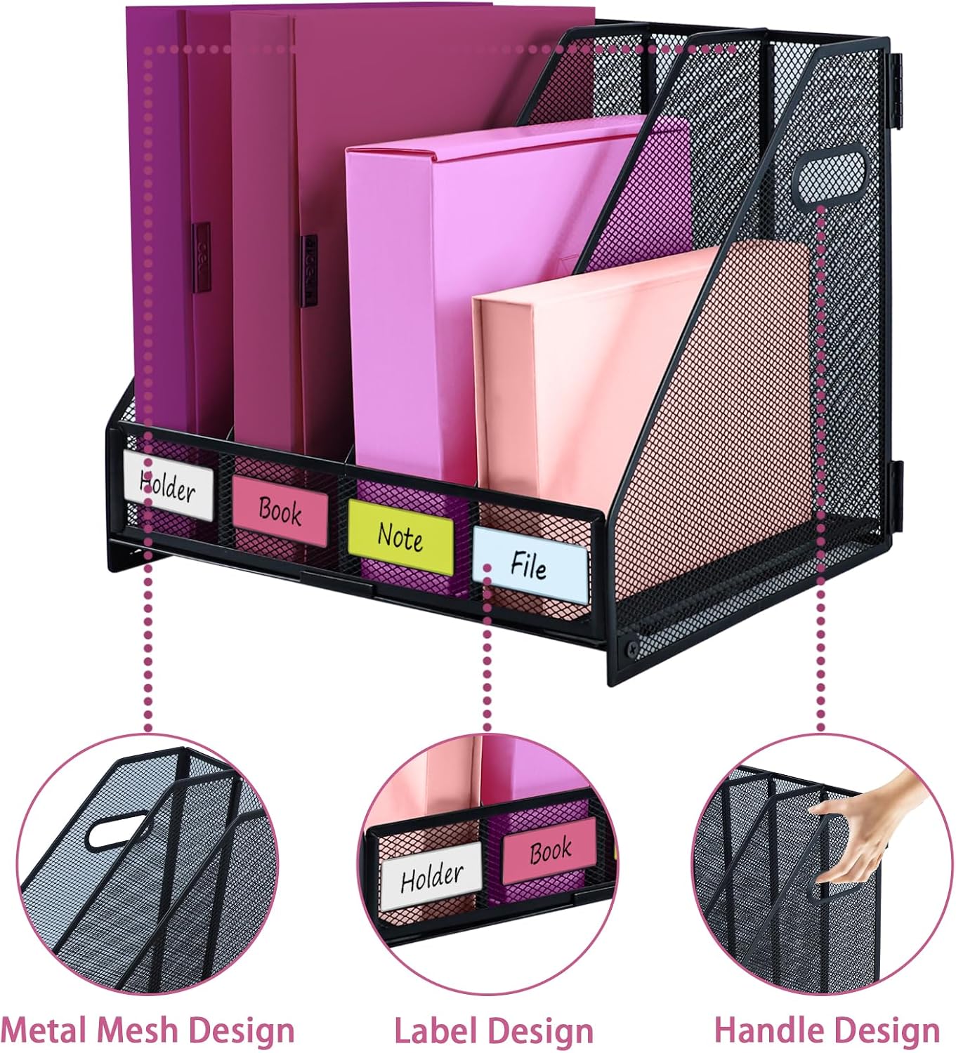 Desk Organizers, Metal Magazine File Holder with 4 Vertical Compartments Rack Binder File Organizer for Office Supplies, Home Workspace - Black image 3