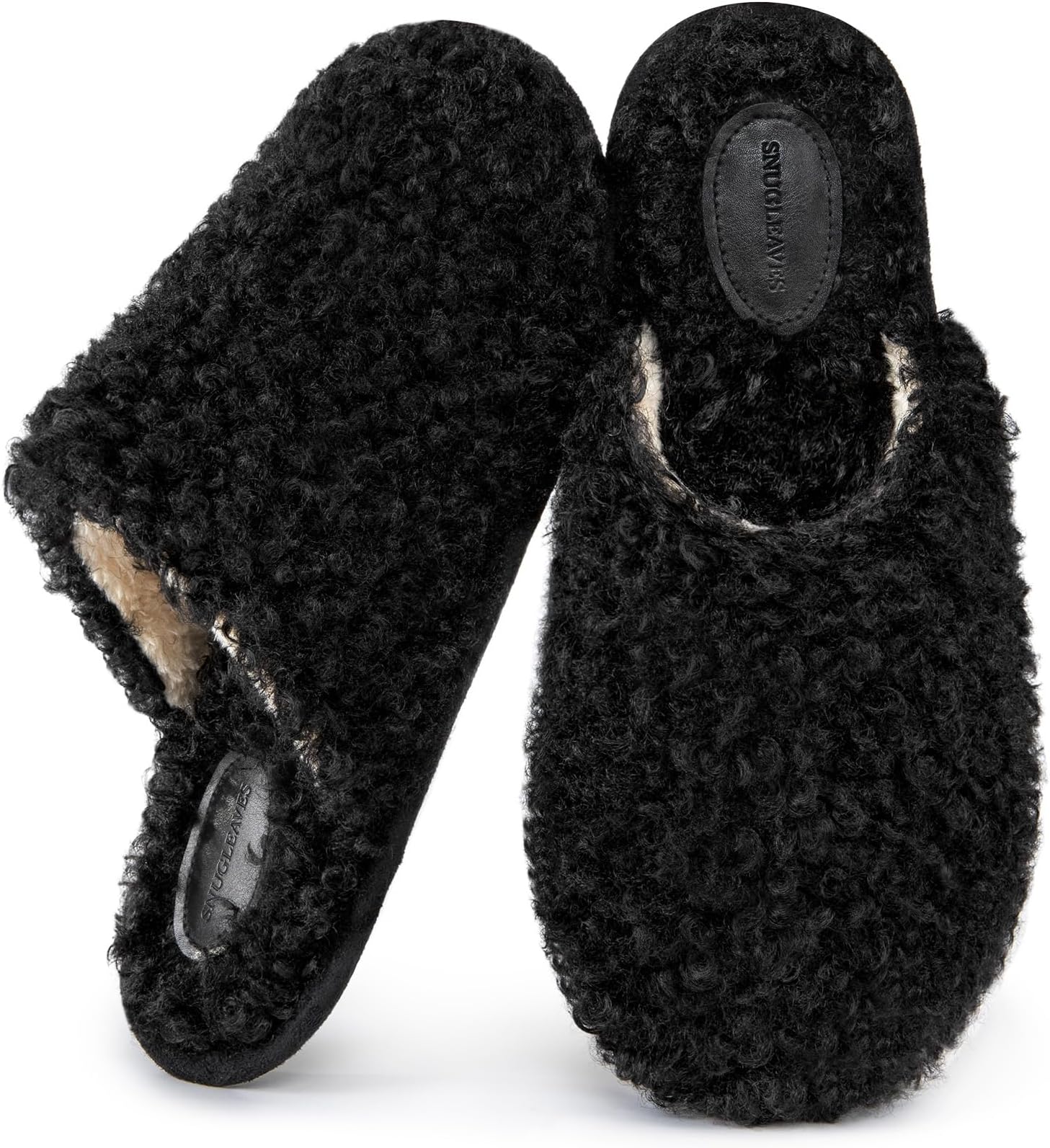 Snug Leaves Women's Scuff Slippers Furry Cute Curly Faux Wool Slip-on Indoor Memory Foam House Shoes