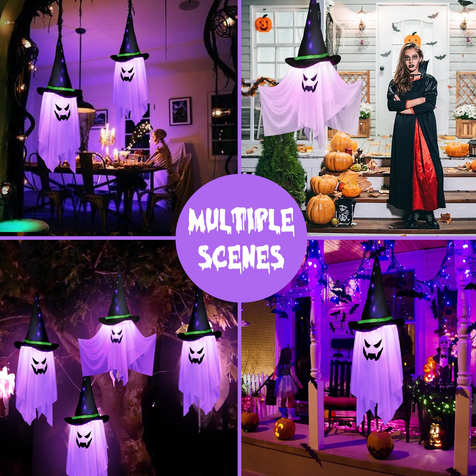 Halloween Deko, 105 cm Geist Dekoration zum Aufhängen mit 24 bunten LED-Lichtern, Windsack für drinnen und draußen, Garten, Party-Dekoration, Weiß, (DWS-001)