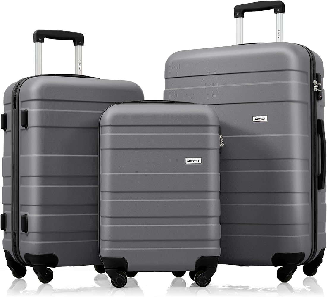 Merax 3 Piece ABS Hardside Luggage Sets Spinner Wheels Suitcase with TSA, Dark Grey, 20/24/28 Inch