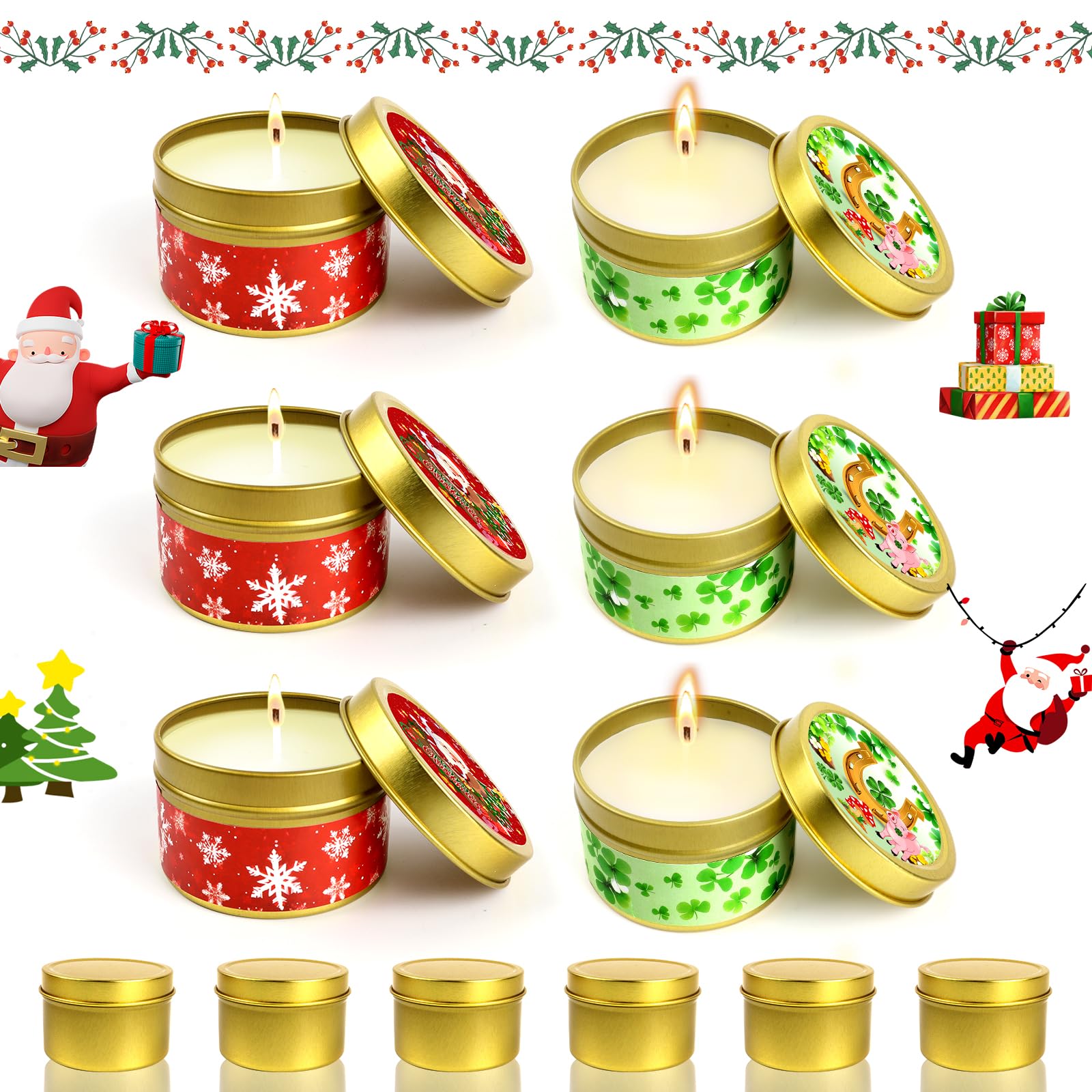 6 Piezas Velas Aromáticas de Navidad, Velas de Navidad, Velas Portátiles en Latas, Set de Regalo Velas Decorativas de Adviento de Navidad para Mujeres con Pegatinas de la Suerte, Sin Perfume