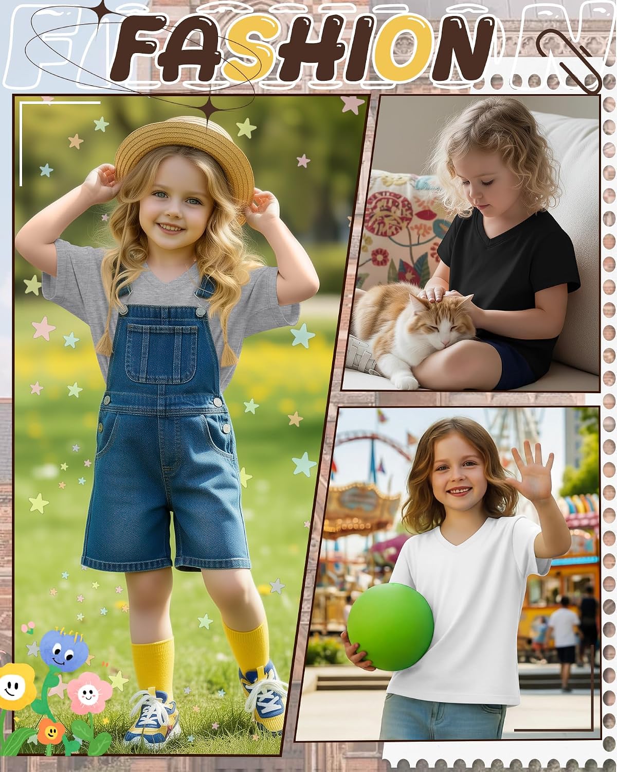 3 Pack Toddler Girls' V Neck T-Shirts 18M-5T Short Sleeve Baby Loose Tops Kids Basic Soft Clothes Tees