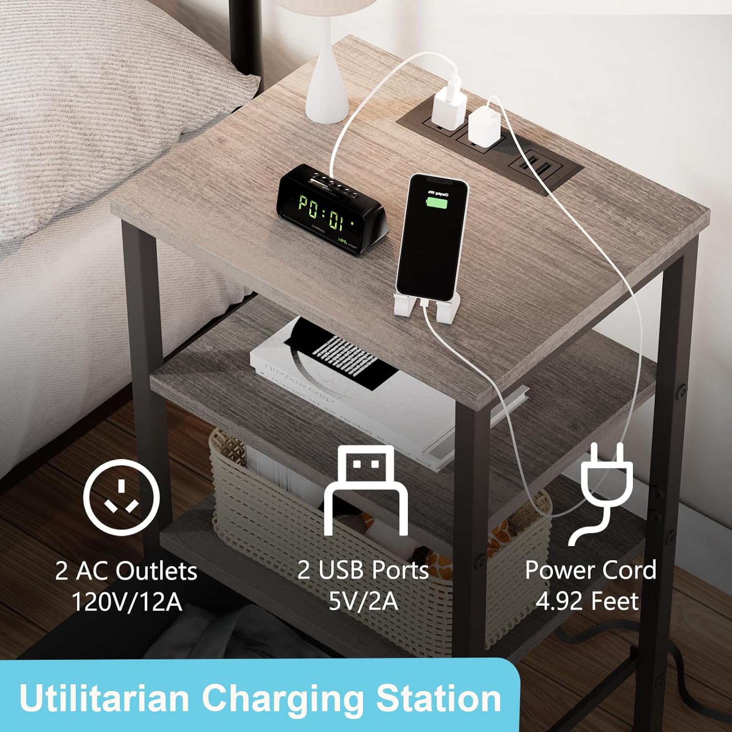 Close-up of the nightstand's top surface, highlighting the integrated charging station with two AC outlets and two USB ports, and a 4.92-foot power cord.