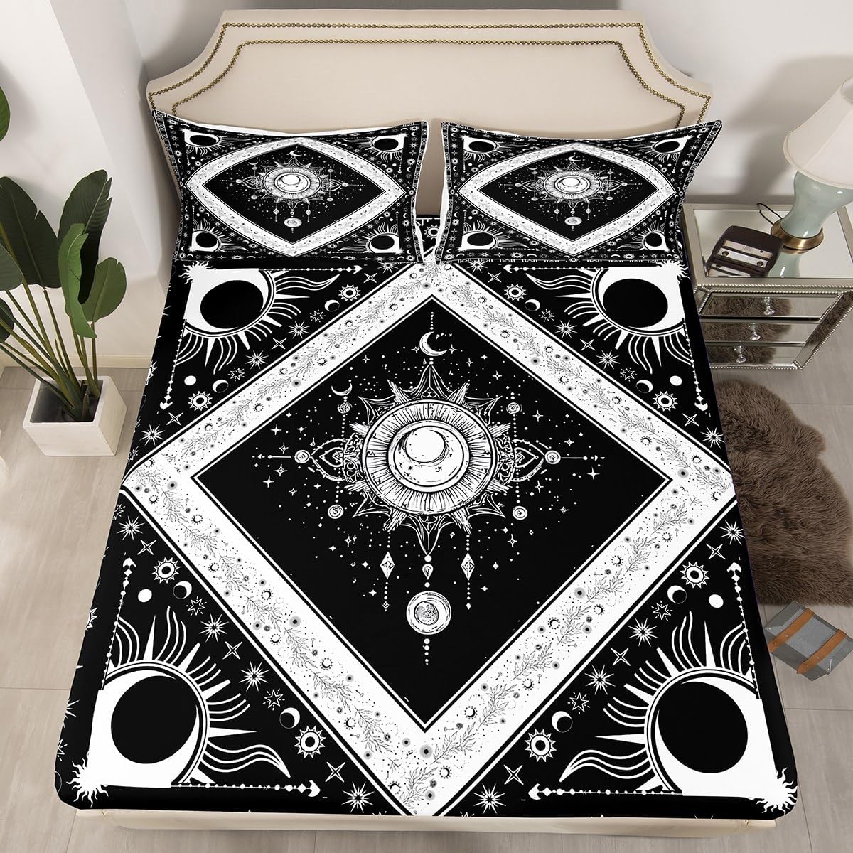 Boho Dream Catcher Bed Sheets Sun Moon Print Fitted Sheet Full Size Bohemian Tribe Sheets Celestial Astrology Decor Bedding Abstract Florals Bed Cover Black White Soft 3pcs (No Top/Flat Sheet)