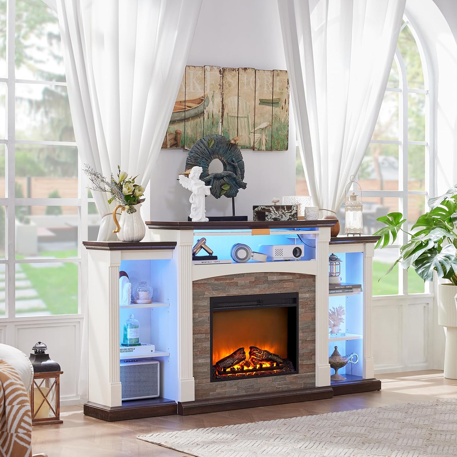 SAVOR LIFE Fireplace TV Stand for 80'' TV, 70" Electric Fireplace with Mantel, White Entertainment Center with Electric Fireplace & LED Lights, TV Console Fire Place TV Stands for Living Room