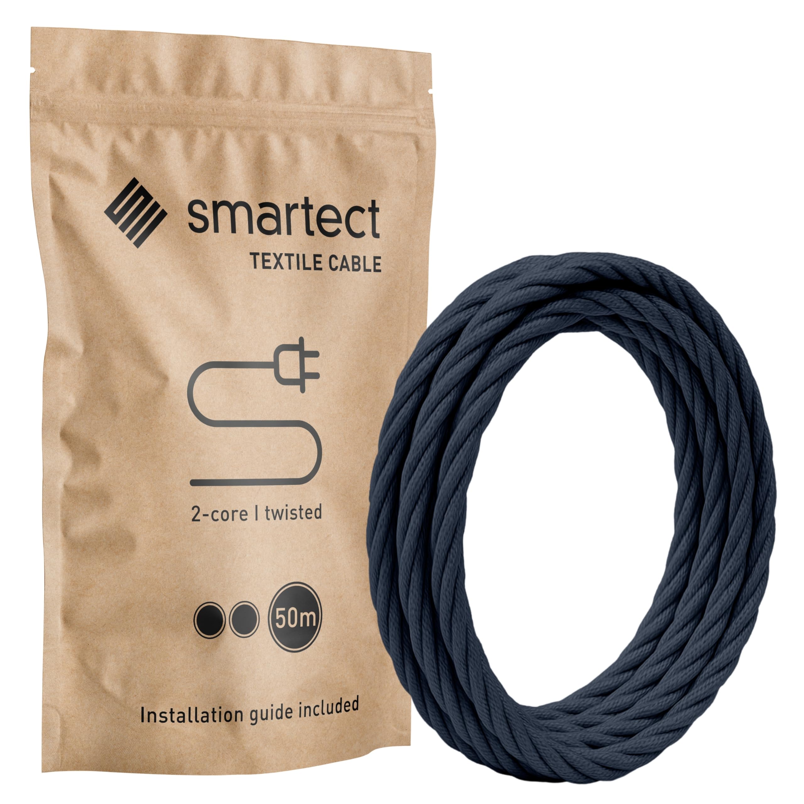 smartect Kabel Skręcony Tekstylny 2 Żyłowy (2x0,75mm²) Antracyt, 50 Metrów | Vintage Kabel w Oplocie Elektryczny, Elektryczny Kabel w Oplocie Tekstylnym do Własnych Projektów DIY