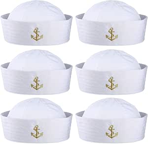 ALVOGIMOR Sailor Captain Hat - White Navy Striped Costume Cap With Gold Anchor For Halloween & Dress Up