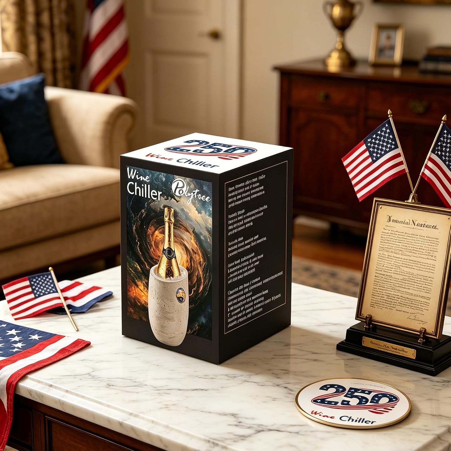 250th Years of United States Wine Chiller & Champagne Cooler – Travertine-Textured Resin Bucket for Rapid Cooling, Perfect for Independence Day Celebration, Home Party Decor – Wine Lovers Gift (Beige)