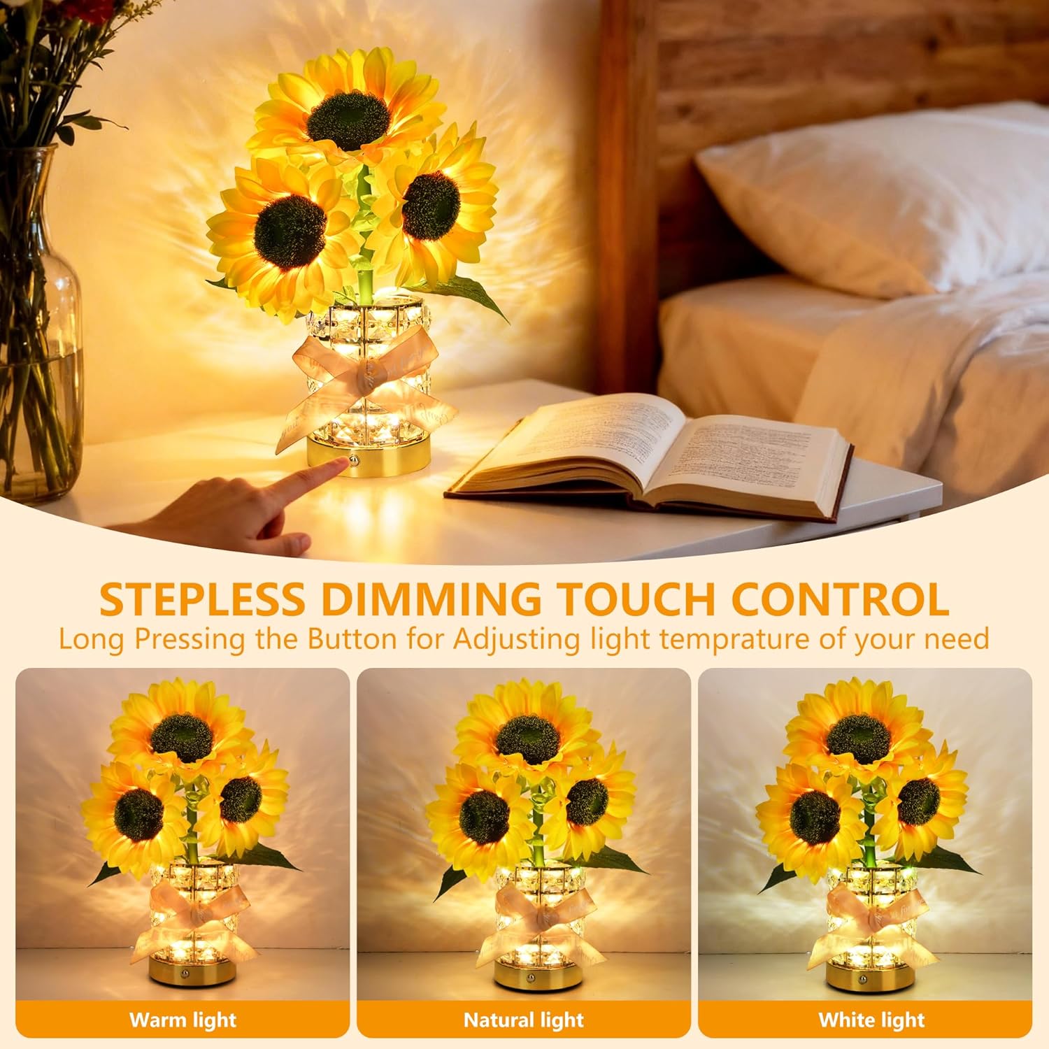 Handmade Sunflower Lamp, Rechargeable Cordless Touch Table Lamp, 3-Colour Infinitely Dimming Small Night Light, Festival Restaurant Bedroom Bar Coffee Shop Birthday Gifts for Women Mom, 3 Sunflowers