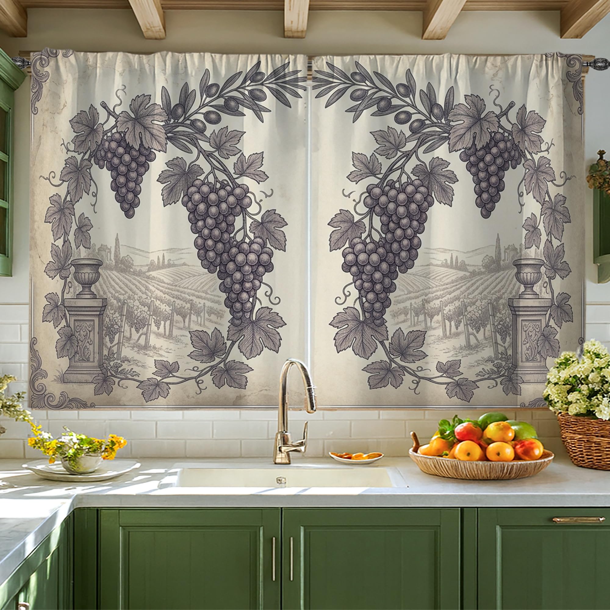 Rideaux de cuisine vintage rustiques crème paysage vigne brise-bise 106x114