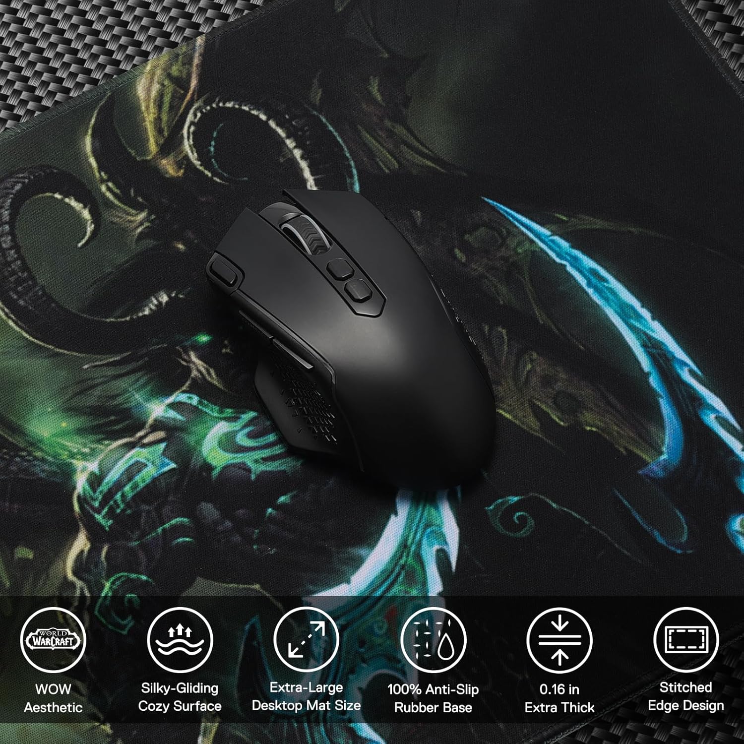 Blizzard Gaming Mouse Pad, XXL Desktop Keyboard Mat, Wow Themed Symbol, Cloth Cover with Stitched Edge, Smooth Tracking & Stability, Never-Slip Rubber, 31.5x11.8x1.2 in (Green)