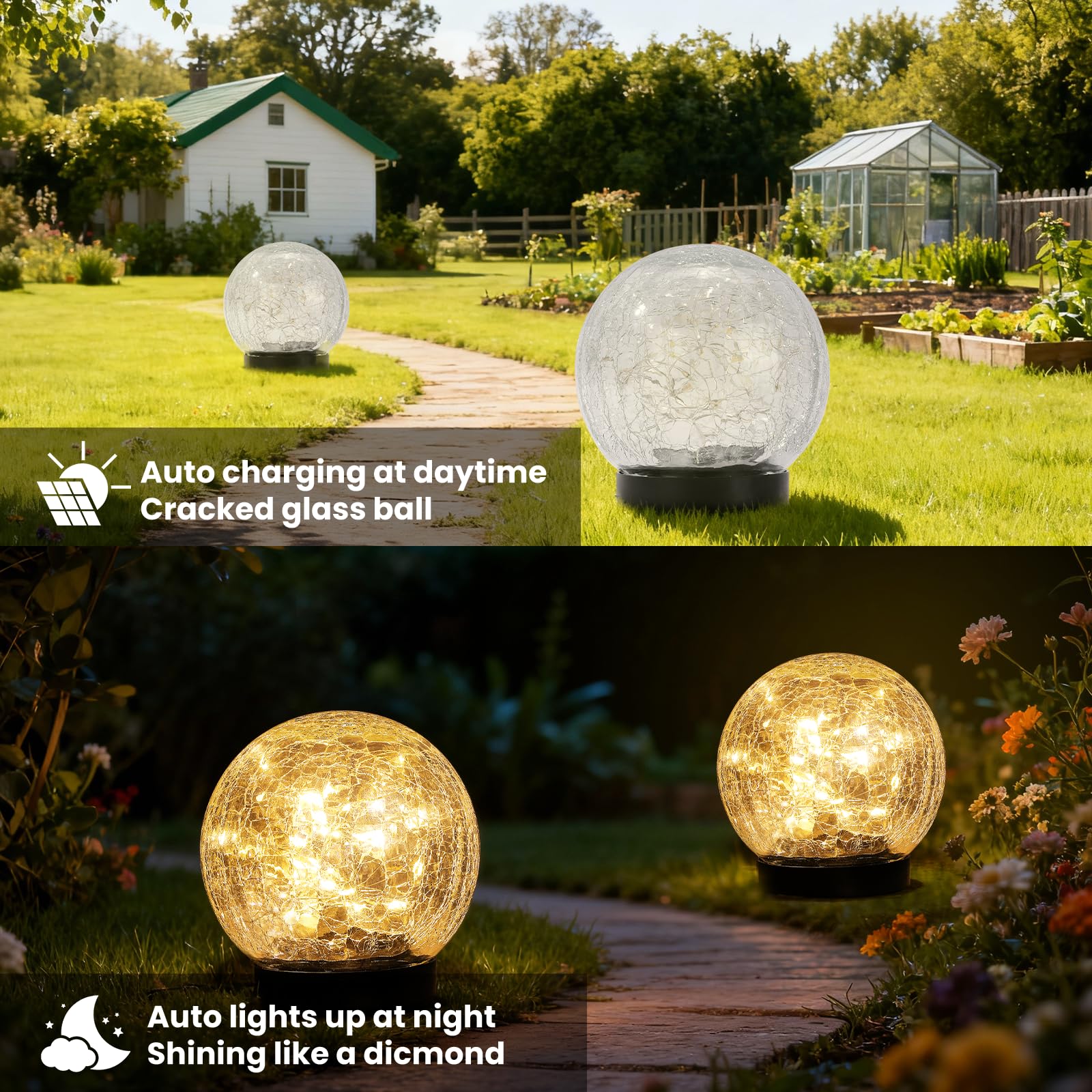 JTLB Lampe De Jardin à énergie Solaire Led étanche, Piquet De Cour Craquelé, Boule Ronde, Lumières 2 Pièces