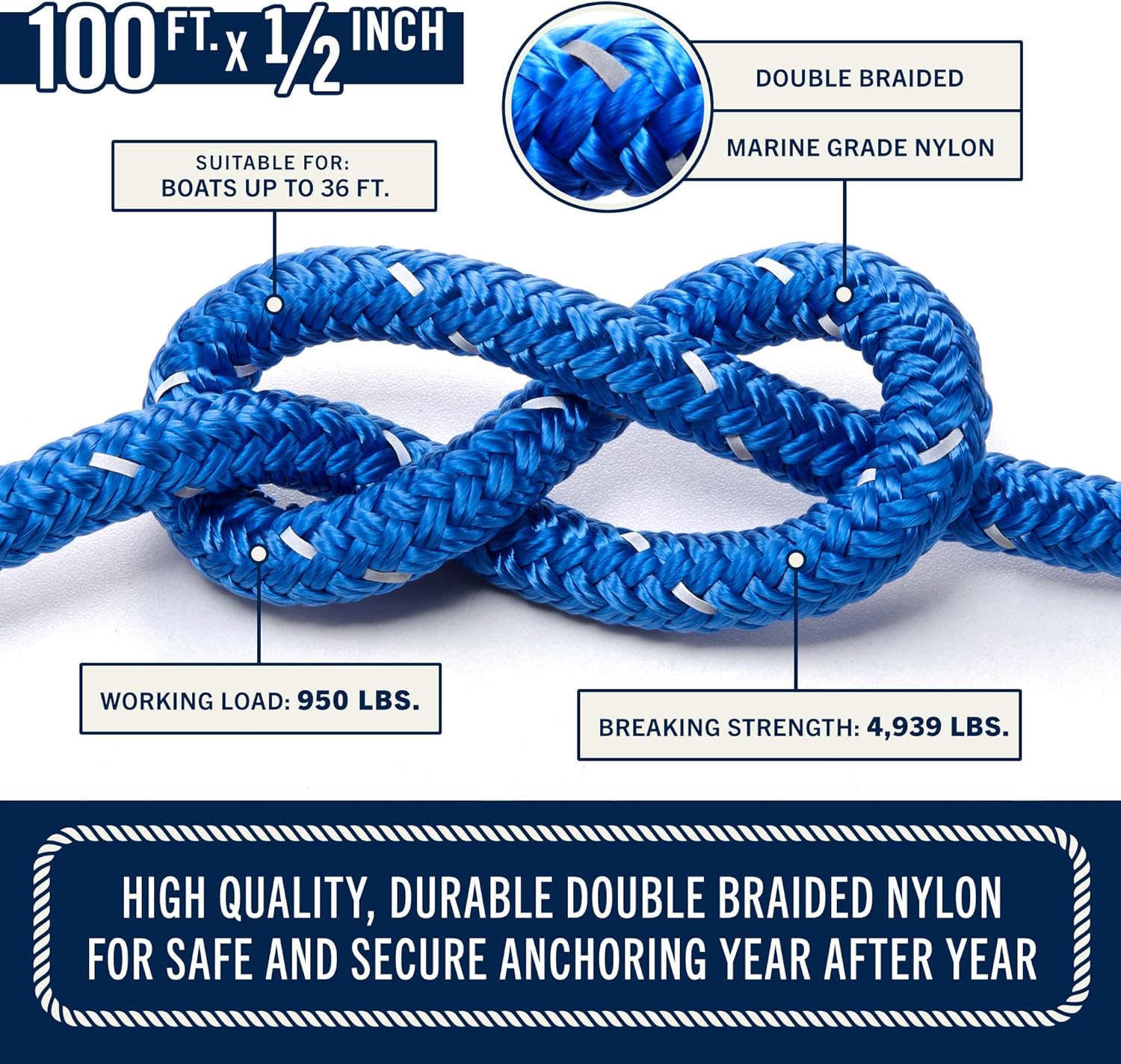 RainierSupplyCo Boat Anchor Rope - Double Braided Marine Rope Anchor Line - 100/150 / 200/300 ft Nylon Boating Line with 316 Stainless Steel Thimble and Heavy Duty Marine Grade