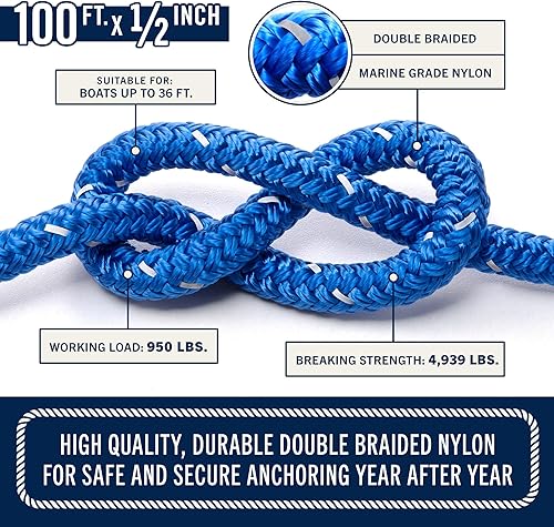 Miniatura 21 de RainierSupplyCo - Cuerda de anclaje para barco, cuerda marina de doble trenzada, línea de anclaje de cuerda marina de 100/150/200/300 pies con dedal