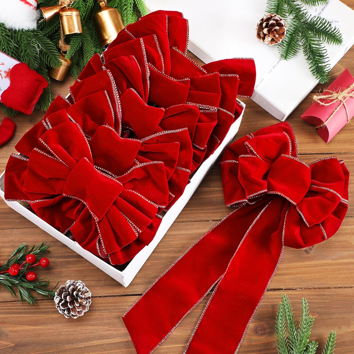 6 Pcs Red Bows 8" x 16" for Christmas Tree, Large Christmas Velvet Bows with Gold Border Waterproof Indoor Outdoor Xmas Tree Craft for Garland Swag Lantern Outdoor Decor