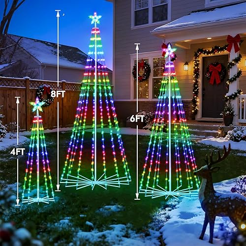 Vista 6 de Árbol de Navidad para Exteriores, Pack de 3 Árboles de Navidad RGB Inteligentes con Cambio de Color Preiluminados con Cono LED, Control por App