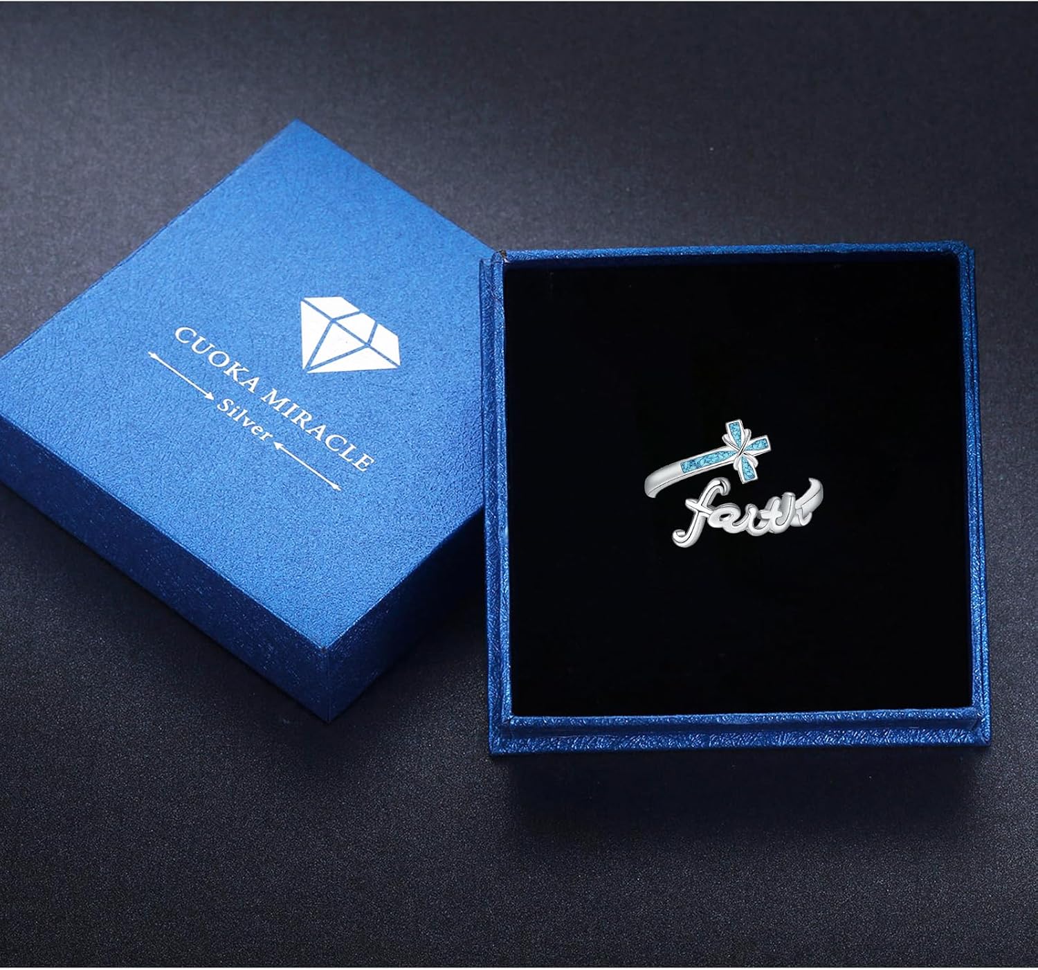 Cross Ring S925 Sterling Silver Adjustable Turquoise Infinity Cross Faith Band Ring Christian Religion Bible Verse Purity Ring Inspirational Statement Rings Jewelry For Women Men Girlfriend Friend Religious Birthday Christmas Mothers Day Valentine's Baptism Gifts