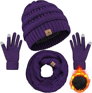 Winter Beanie Hat Scarf Gloves, Warm Fleece Knit Hats Touch Screen Gloves Neck Scarf Set Winter Gifts for Unisex Adult