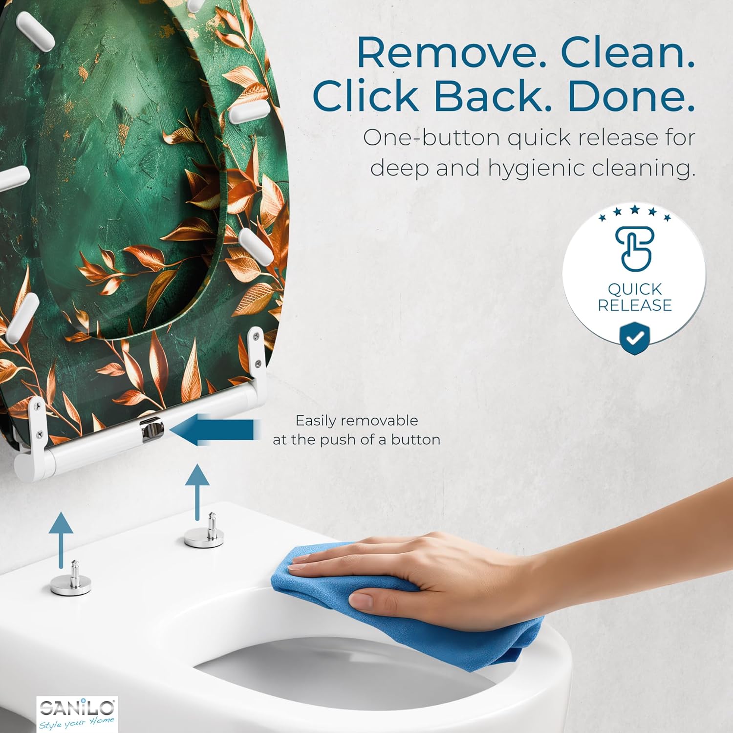 Sanilo Wooden Toilet Seat with Quick Release & Soft Close [ELONGATED] Decorative & Slow Close Molded Wood Seat, Small Bathroom Trash Can with Lid 1.3 Gallon, Lidded Tiny Trashcan (Greego)