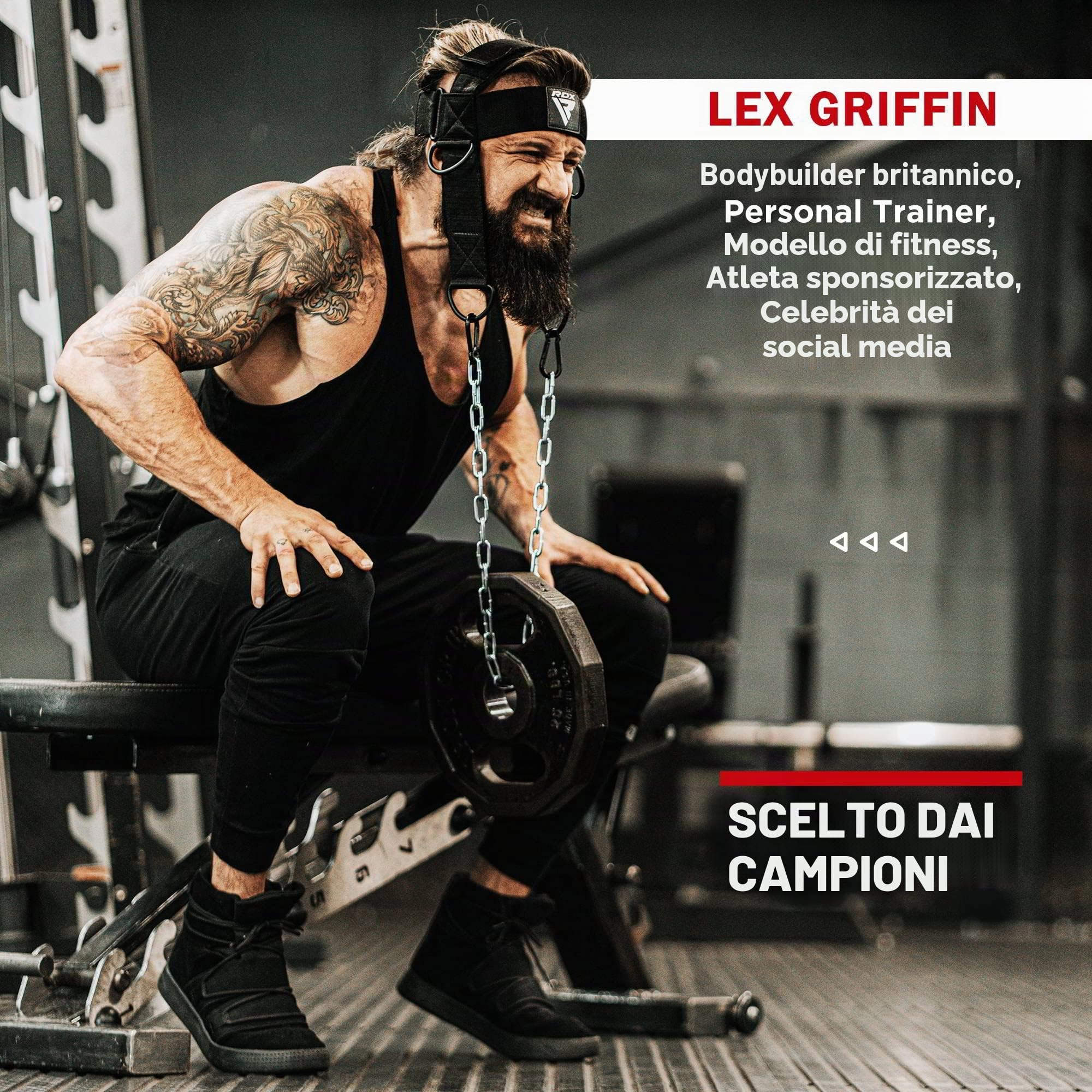 RDX Allenamento Collo Imbracatura Testa, 4MM Neoprene Imbottita Head Harness Neck Builder Strap, Regolabile 90CM Dip Catena Acciaio Lunga, Formazione Cintura Cinghia Sollevamento Pesi Boxe Gym Trainer