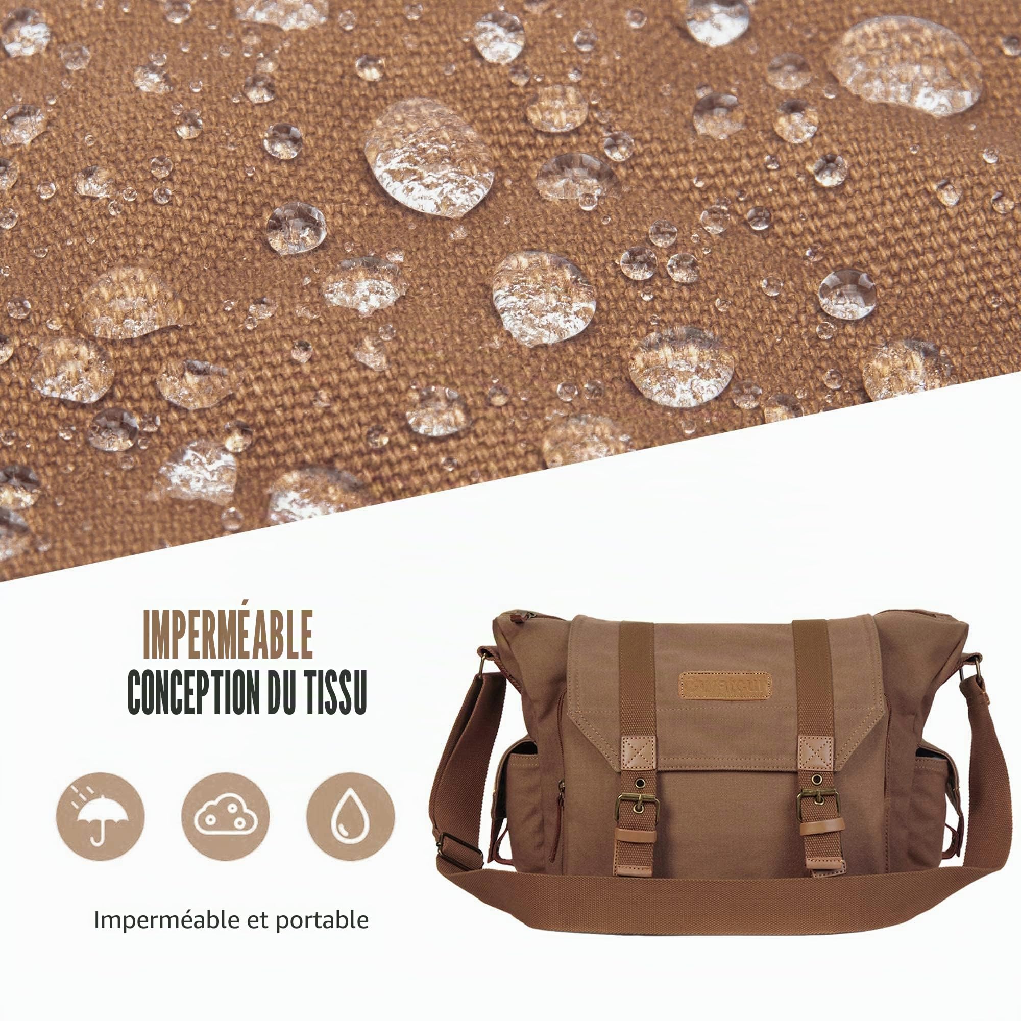 Cwatcun Sac Photo en Toile pour Appareil Photo, Sac Photo pour SLR, SLR/DSLR, Appareil Photo Compact, Appareil Photo Système et Accessoires avec étui Amovible, Café, L