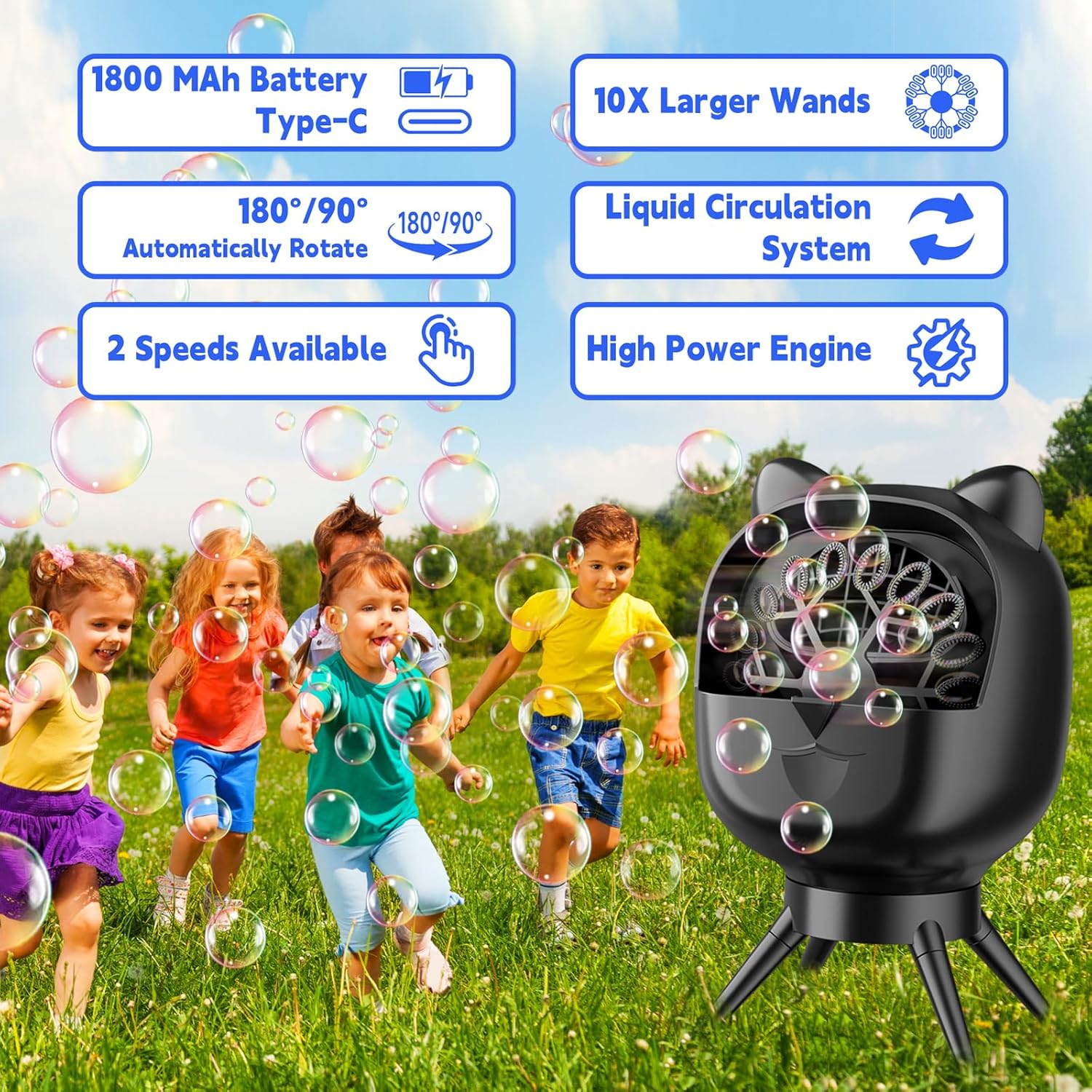 Bubble Machine for Kids,Automatic Rotation Bubble Maker 1800mAh Rechargeable Battery, 500ml Large Tank 2 Speed Control Type-C Charge Bubble Toys for for Kids, Weddings, Birthday Parties