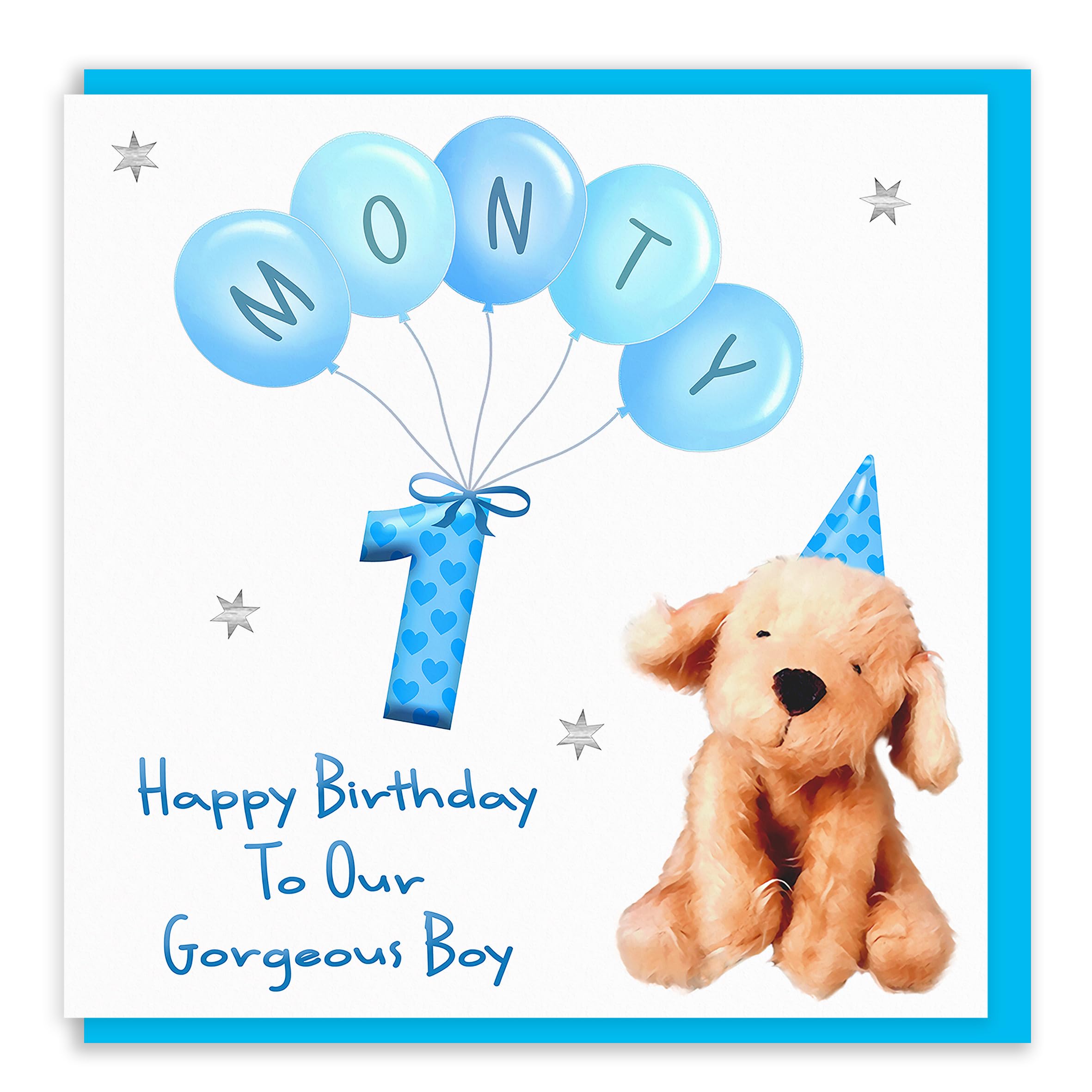 Cute Puppy Dog Birthday Card, customisable with Name, Age and Message, Blue, 1st, 2nd, 3rd, 4th. 5th, 6th, 7th, 8th, 9th birthday