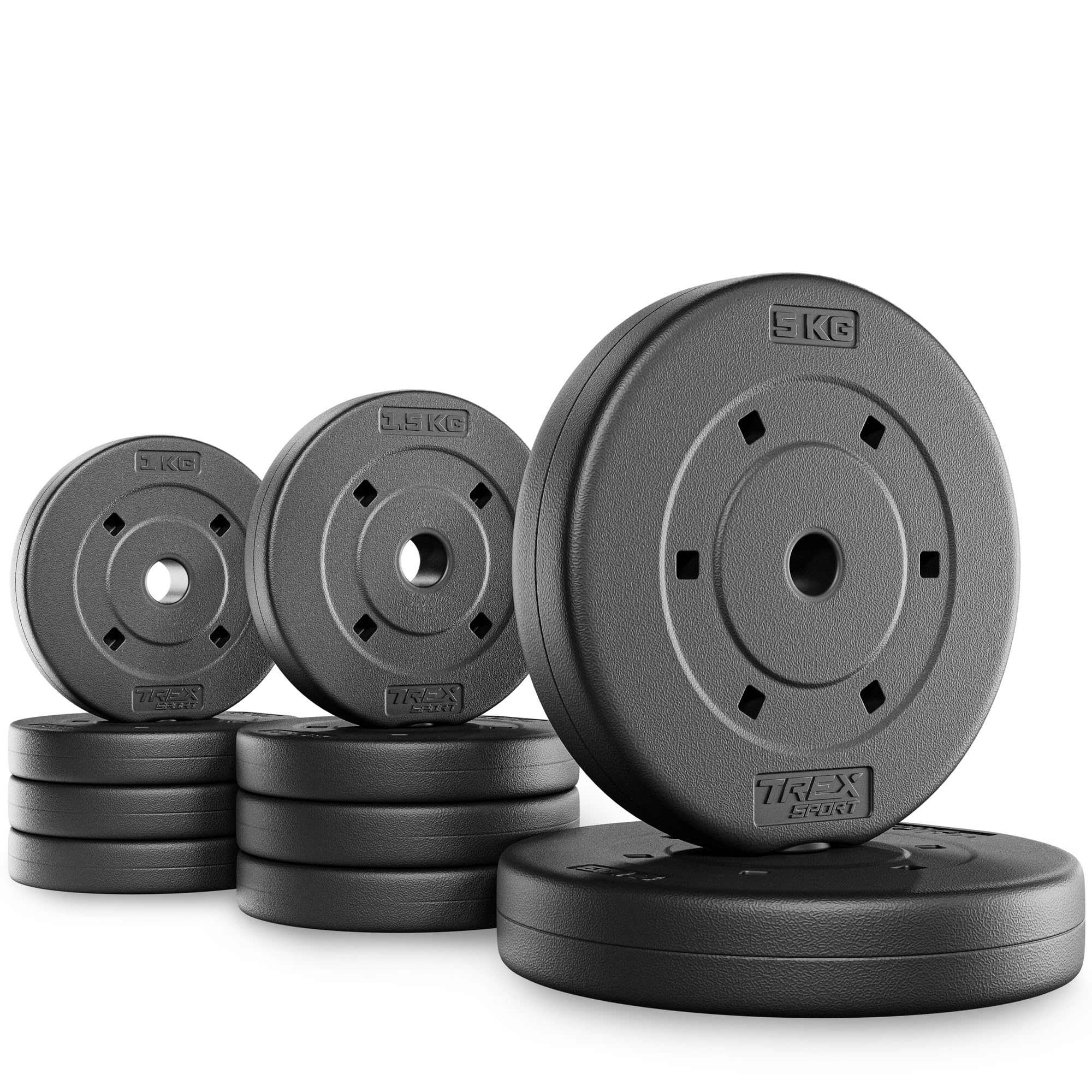 TREX SPORT Hantelscheiben Set 20 kg 27mm | Gewichte 2x5kg + 4x1,5kg + 4x1kg | Kunststoff Gewichte, Langhantelstangen, Gewichtsscheiben für Krafttraining und Fitness zuhause