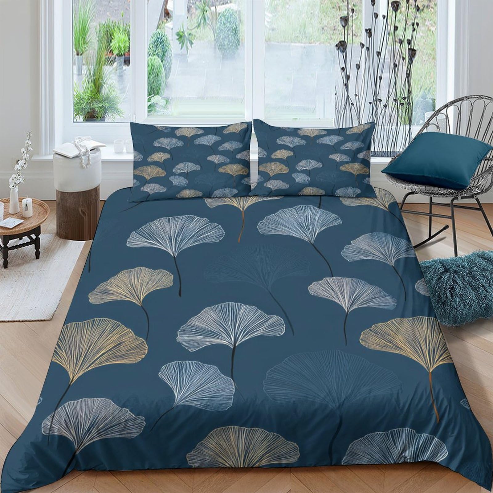 Ctjqhvkz Style-1 3D Printed Ginkgo Leaf Fitted Sheet Microfiber Blue Gold Modern Abstract Mattress Cover Bedroom Decor Single（135X200cm）
