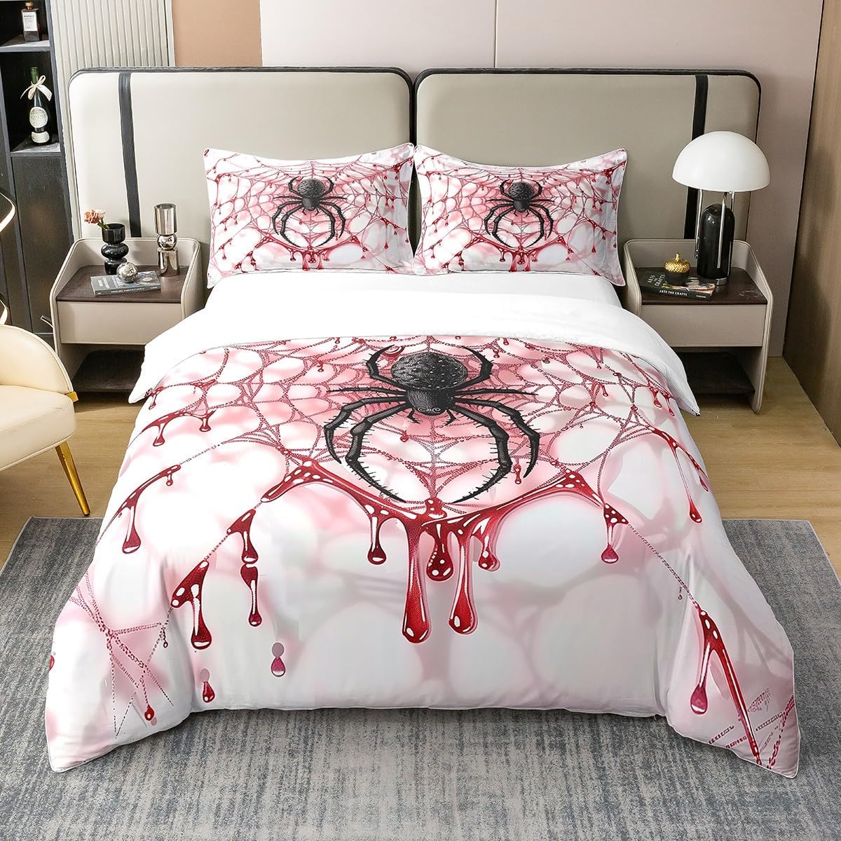 100% Cotton Halloween Spider Duvet Cover,Gothic Horror Red Blood Tie Dye 3D Paint Comforter Cover(No Filler),Spider Web Mystic Red White Trippy Decorative Quilt Cover,3Pcs Full Size
