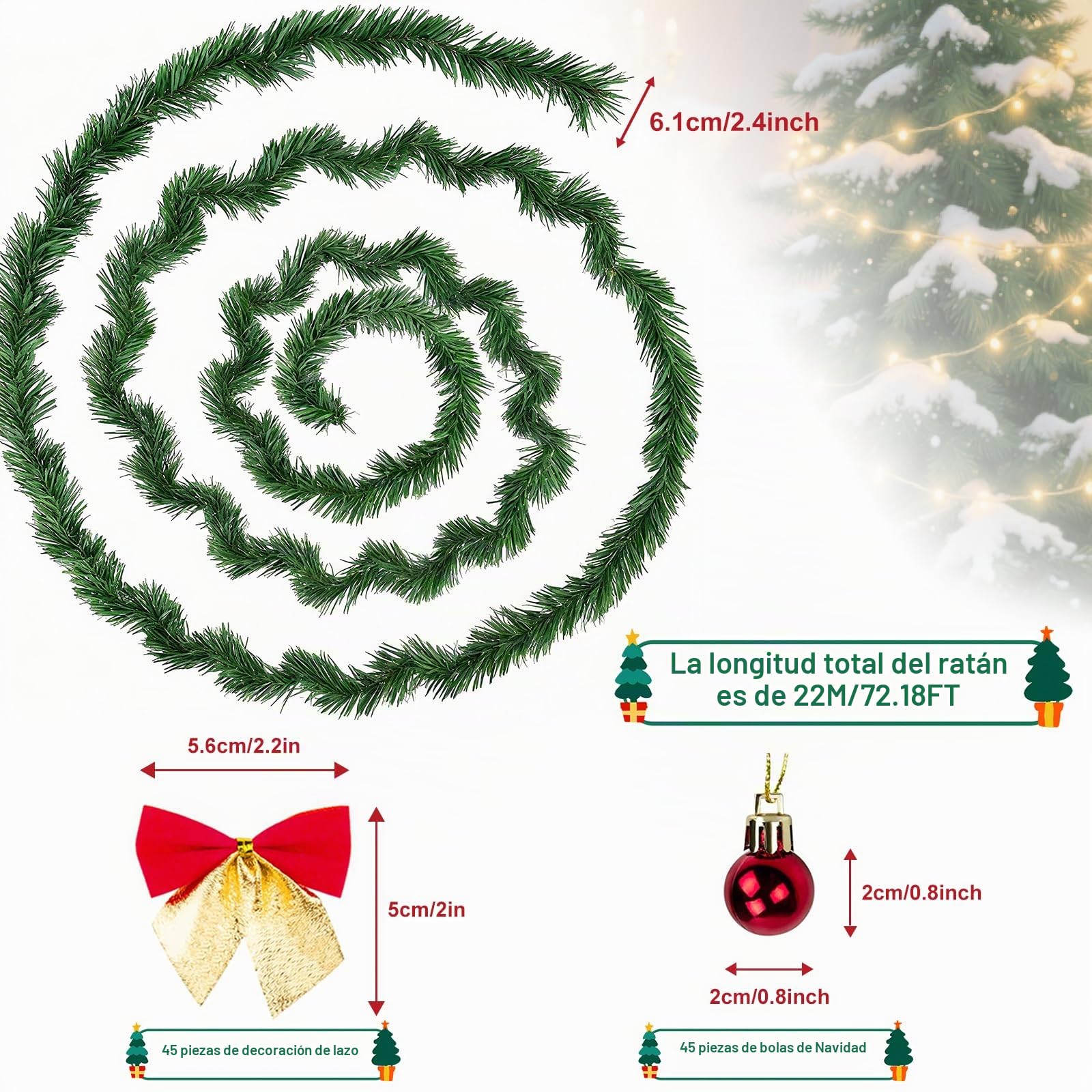 Guirnalda de Navidad de 22 m, sin iluminación, guirnalda de ramas de abeto verde artificial, decoración navideña, para interior y exterior, guirnalda con 45 bolas de Navidad y 45 nudos de mariposa