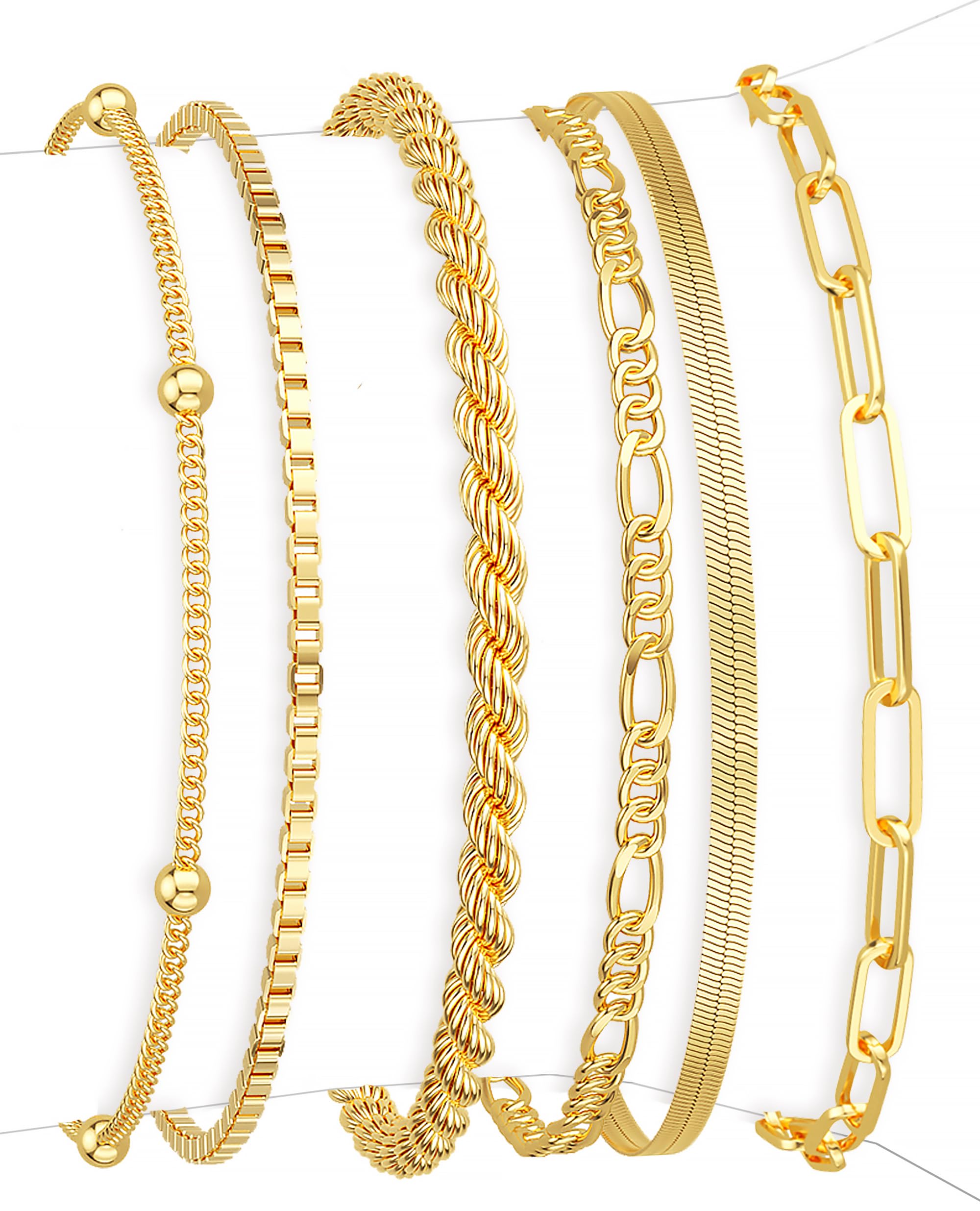 DEARMAY Dainty Silver Plated Bracelets for Women Trendy, Silver Jewelry Set for Women Bracelets for Women Paperclip Box Herringbone Figaro Rope Chain Bracelet Fashion Pack Gifts for Women