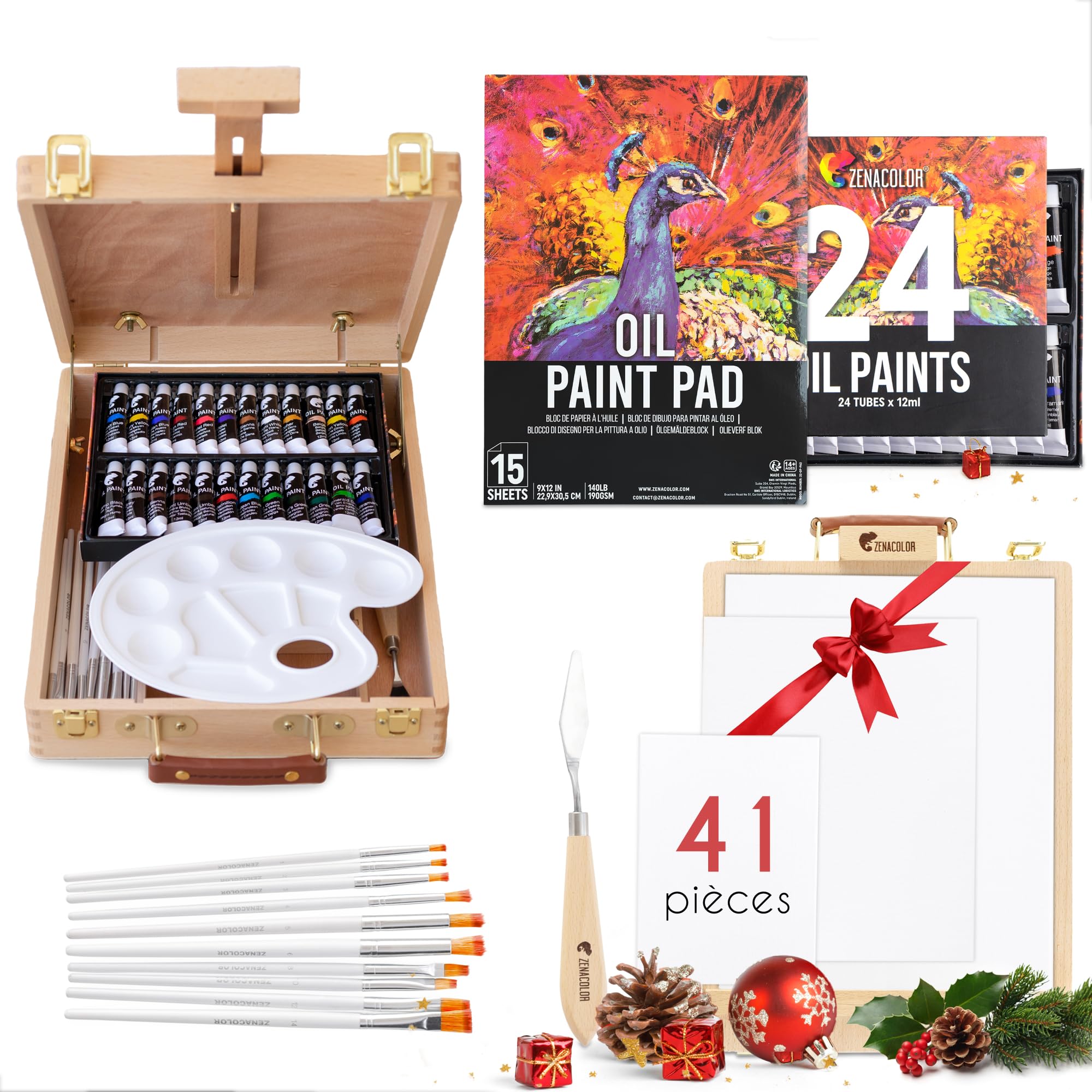 Chevalet Peinture et Peinture à l’Huile - Kit Peinture 41 Pièces : 24 tubes de peinture 3 toiles peinture 1 Bloc Papier 10 Pinceaux 1 Couteau 1 Palette 1 Chevalet de table pliable Zenacolor