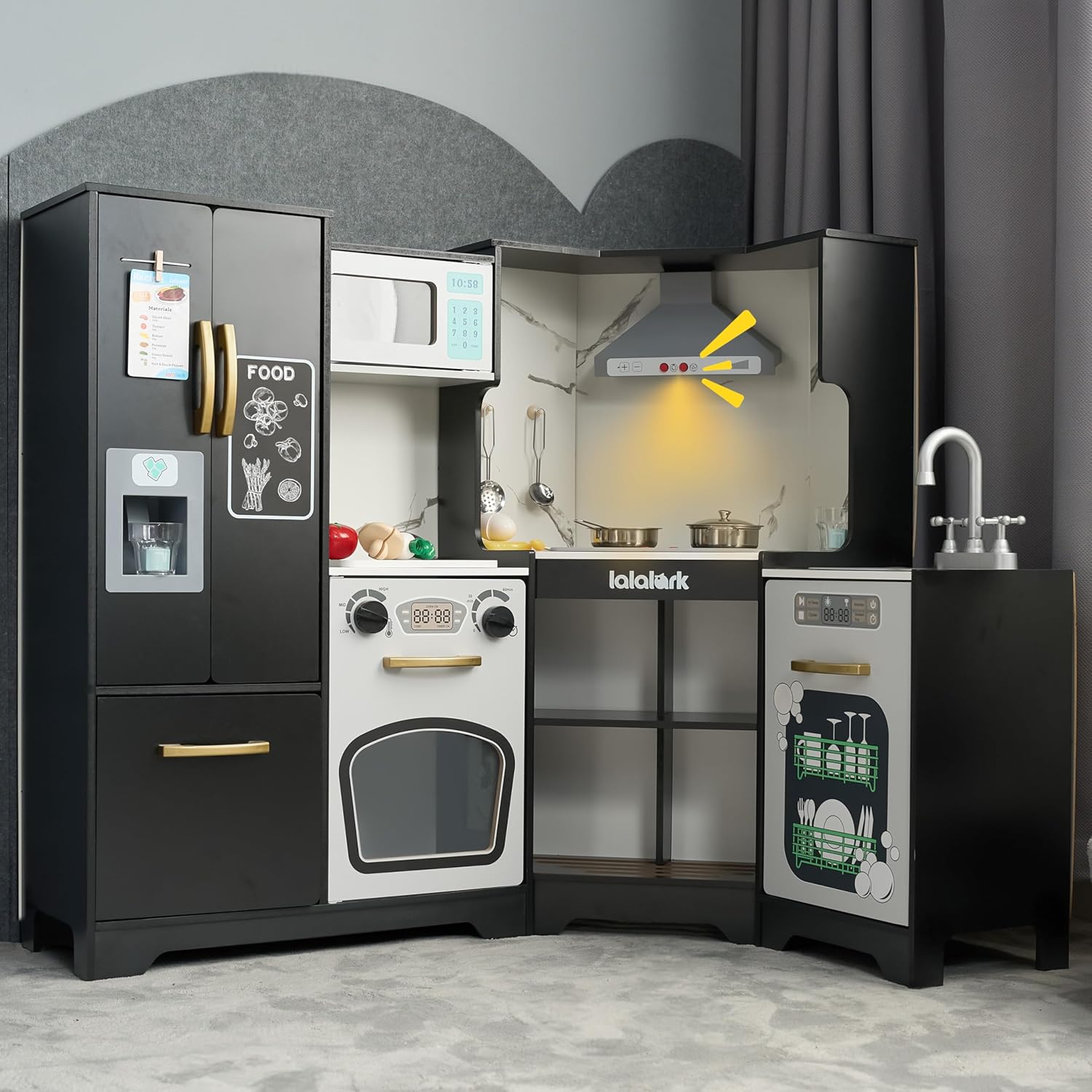 Wooden Corner Kitchen for Toddlers, Pretend Playset with Fake Food Toys, Real Lights & Sounds, Double-Door Fridge, Ice Maker & Cookware Accessories, Play Kitchen Set for Kids, Gift for Ages 3+